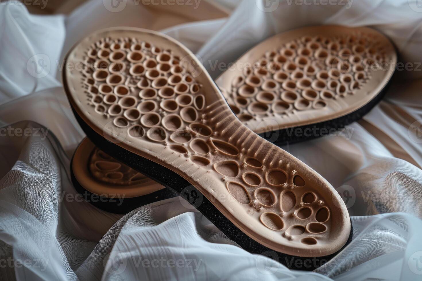 Orthopedic insoles lying on white fabric offering arch support photo