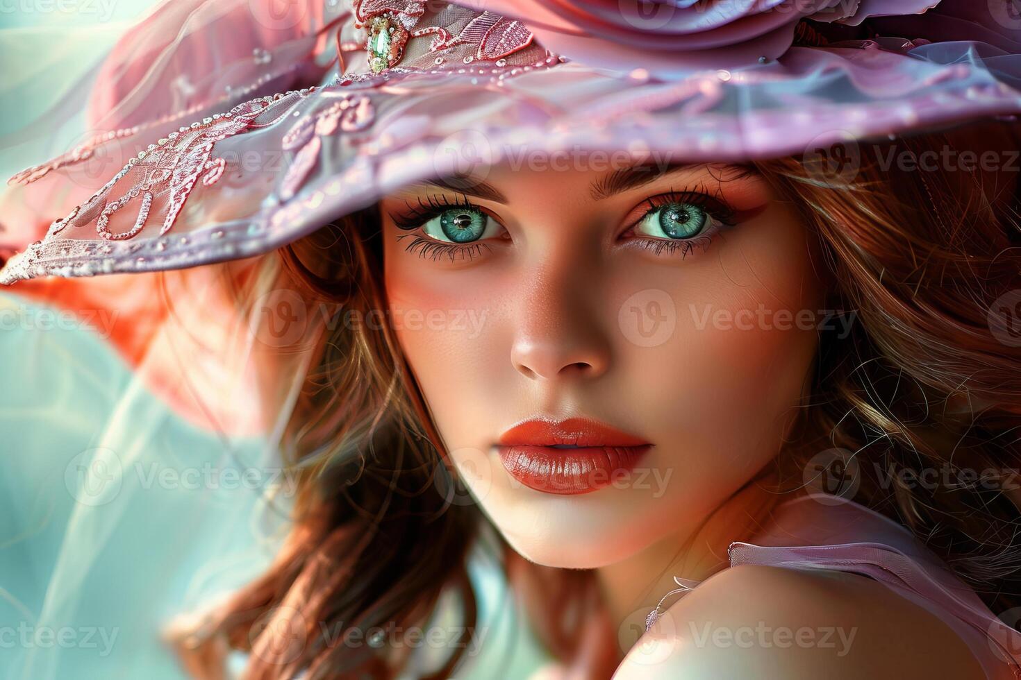 Beautiful young woman with blue eyes and pink hat posing in sunlight photo