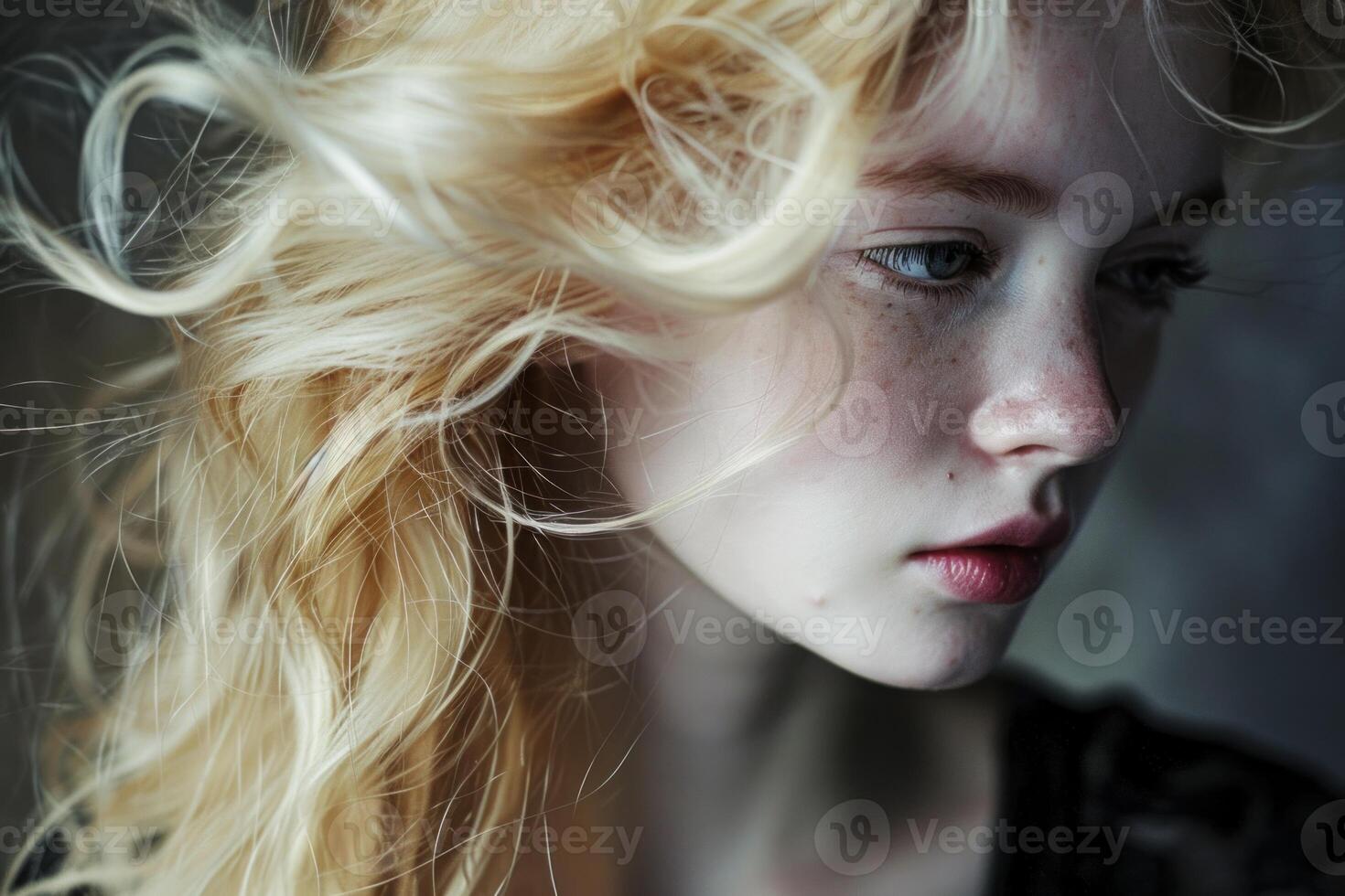 Young woman with freckles and long blonde hair posing photo