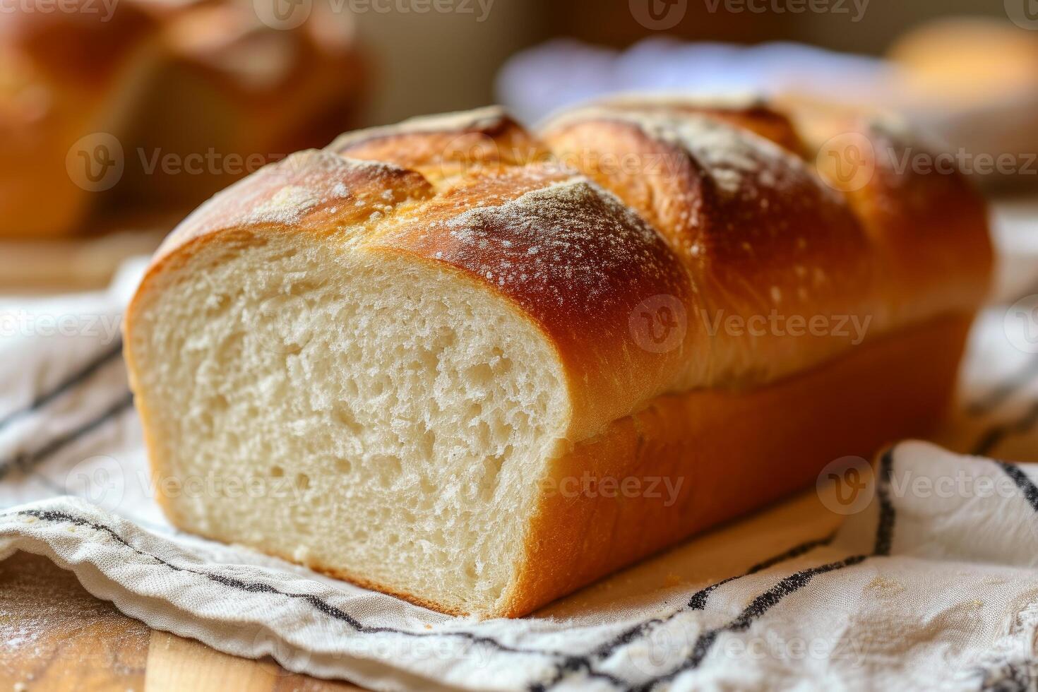 Freshly baked white bread loaf on kitchen towel photo