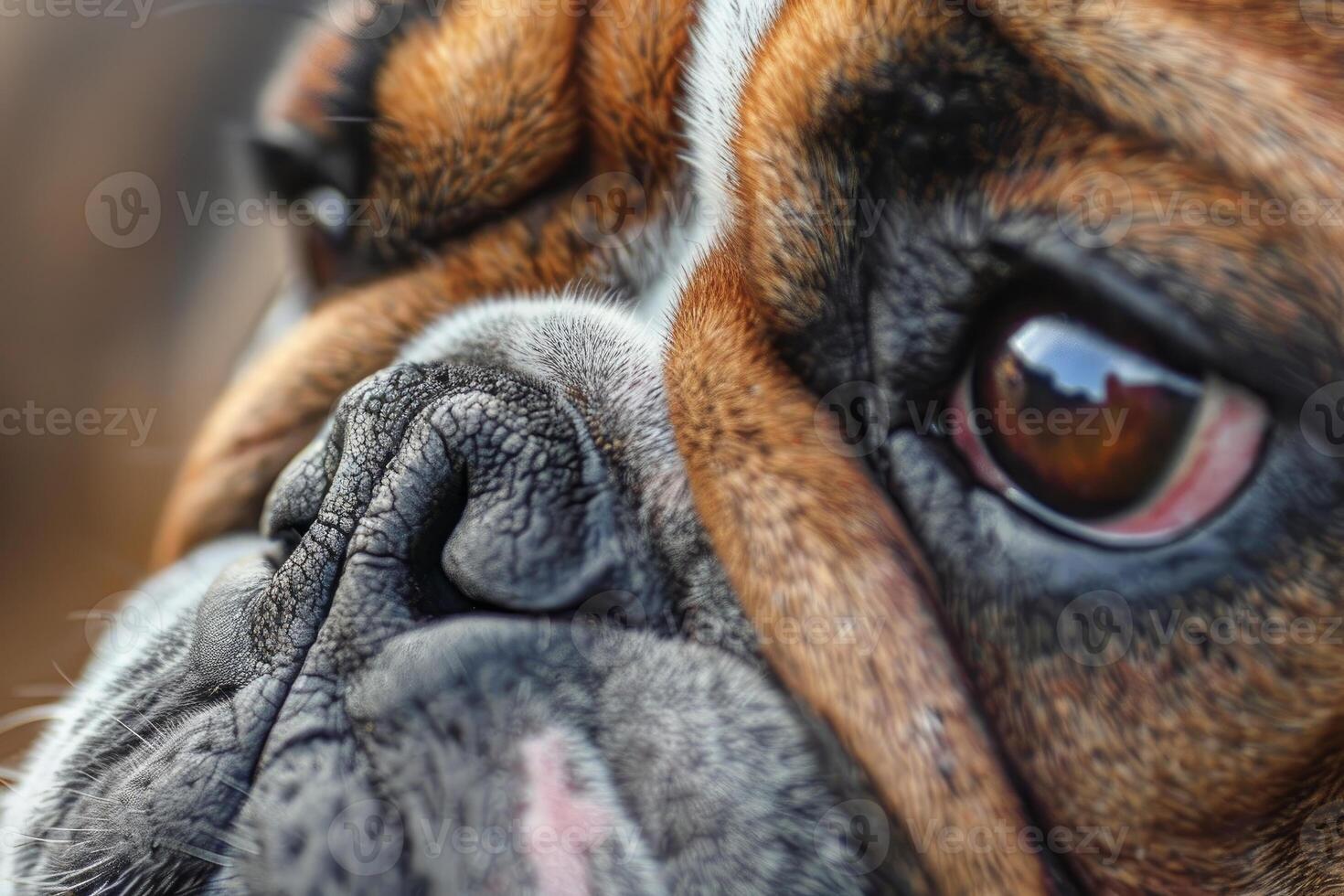 Close up portrait of bulldog showing wrinkles and wet nose photo