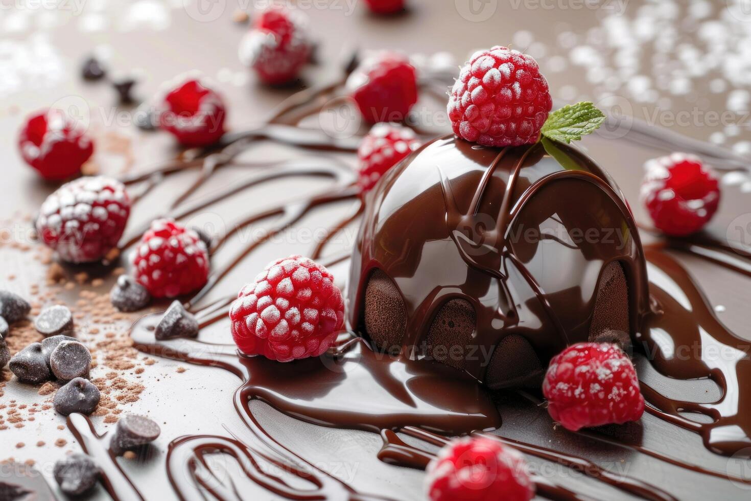 Chocolate dome dessert with melted chocolate and raspberries covered in powdered sugar photo