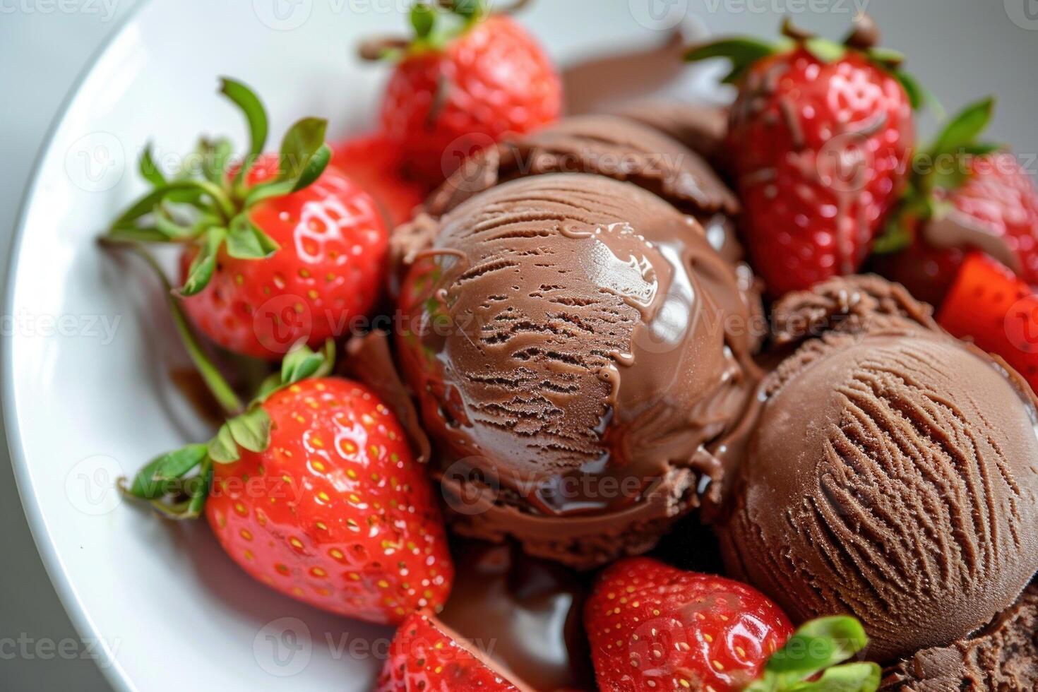 Chocolate ice cream scoops lying on white plate with fresh strawberries covered with chocolate sauce photo