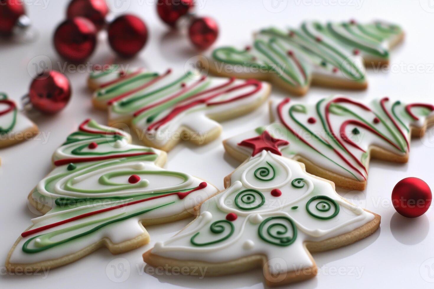 Christmas tree shaped sugar cookies decorated with swirls of green and red icing photo