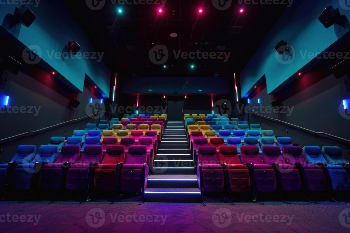 Empty modern cinema auditorium with comfortable chairs is ready for movie photo