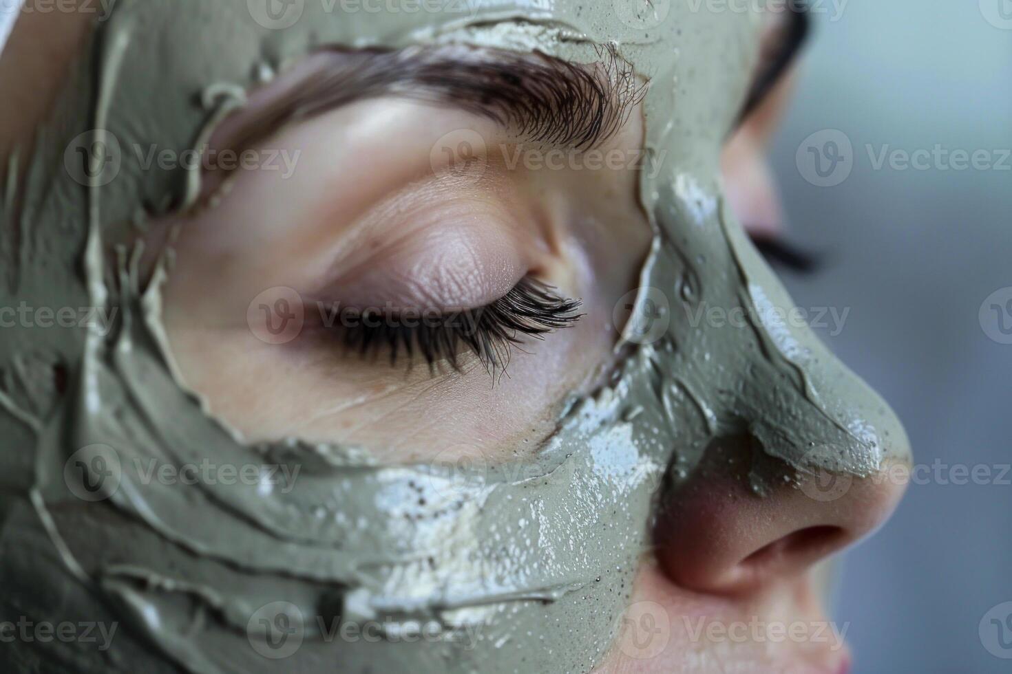 Beautician applying clay mask on woman face in spa salon photo