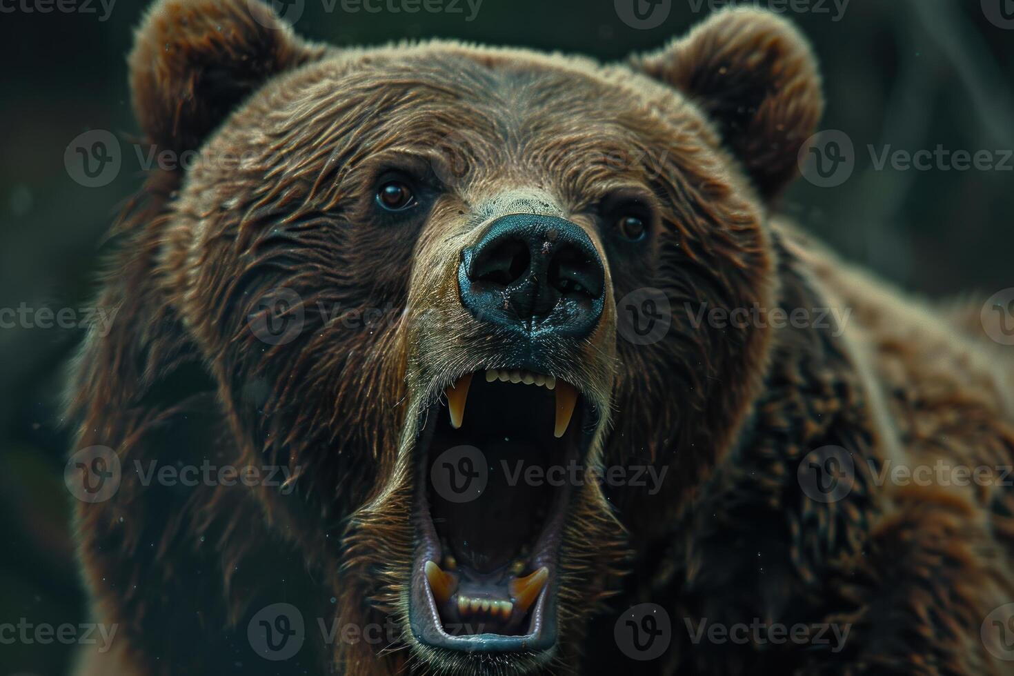 Large brown bear showing teeth and roaring in forest photo