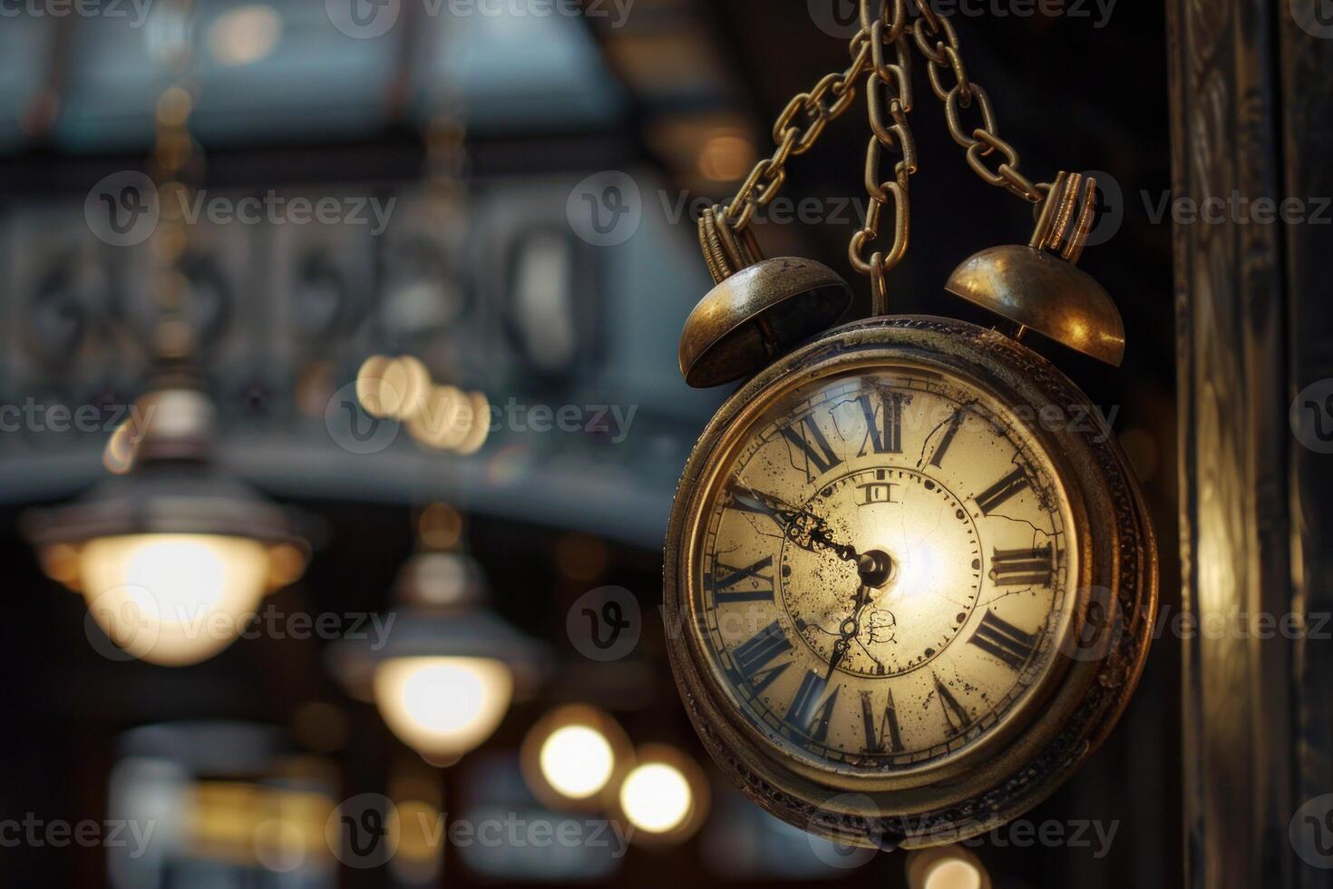 Antique clock hanging and showing five minutes to seven o'clock photo