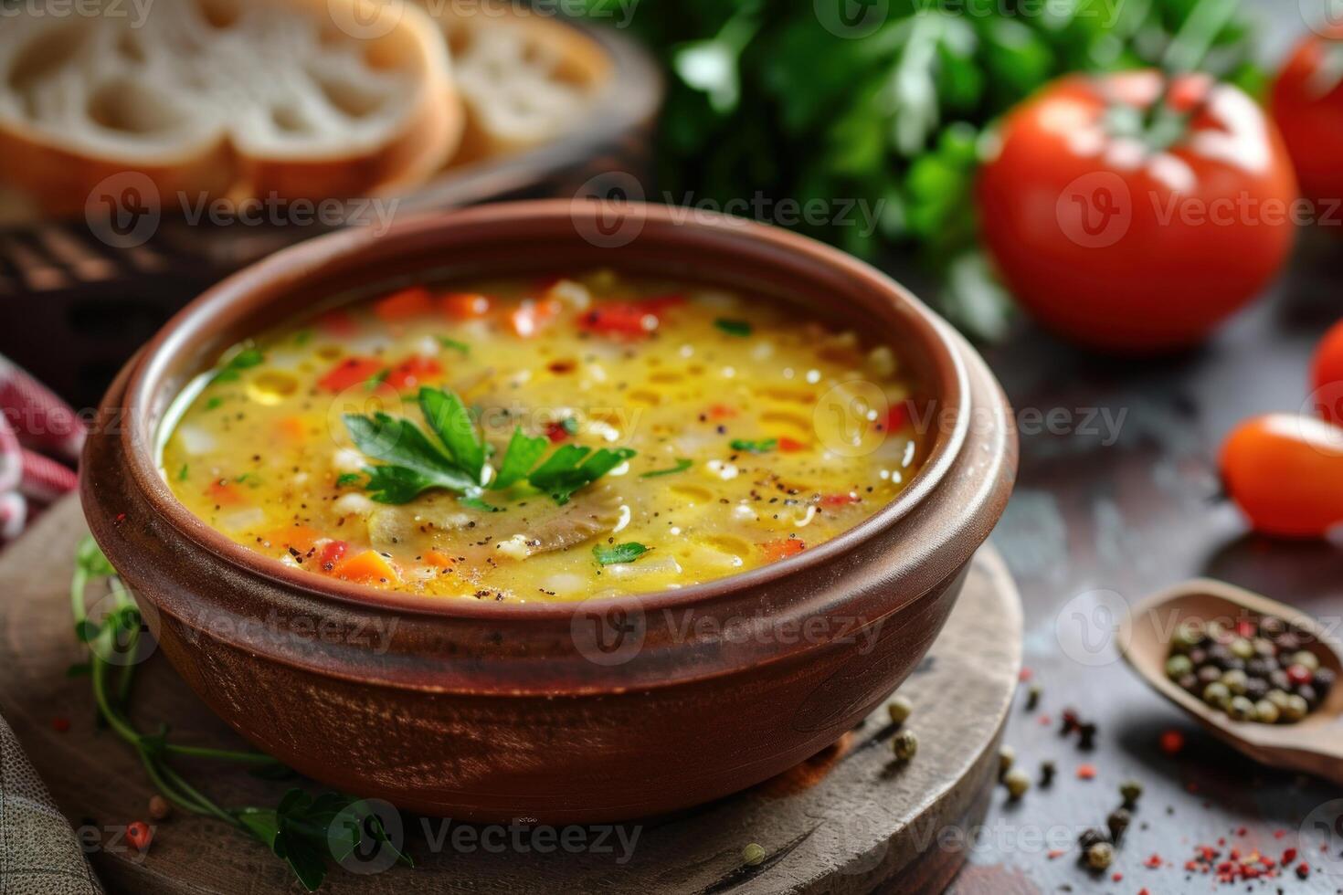 Fresh vegetable soup with mushrooms and herbs in a rustic bowl photo