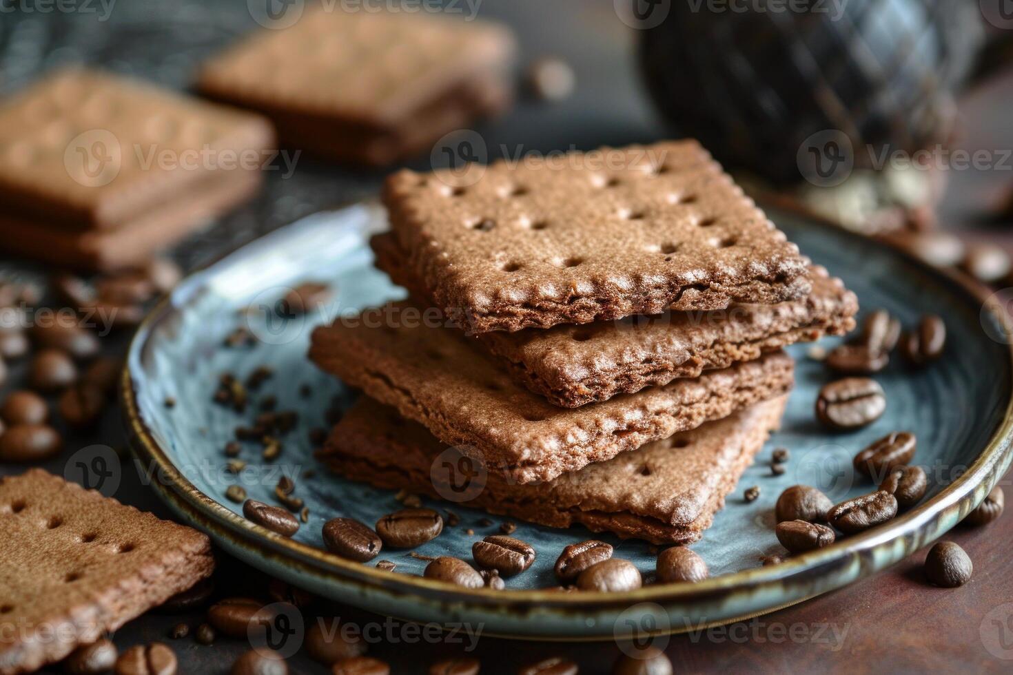 Stack of square chocolate coffee biscuits resting on a plate photo