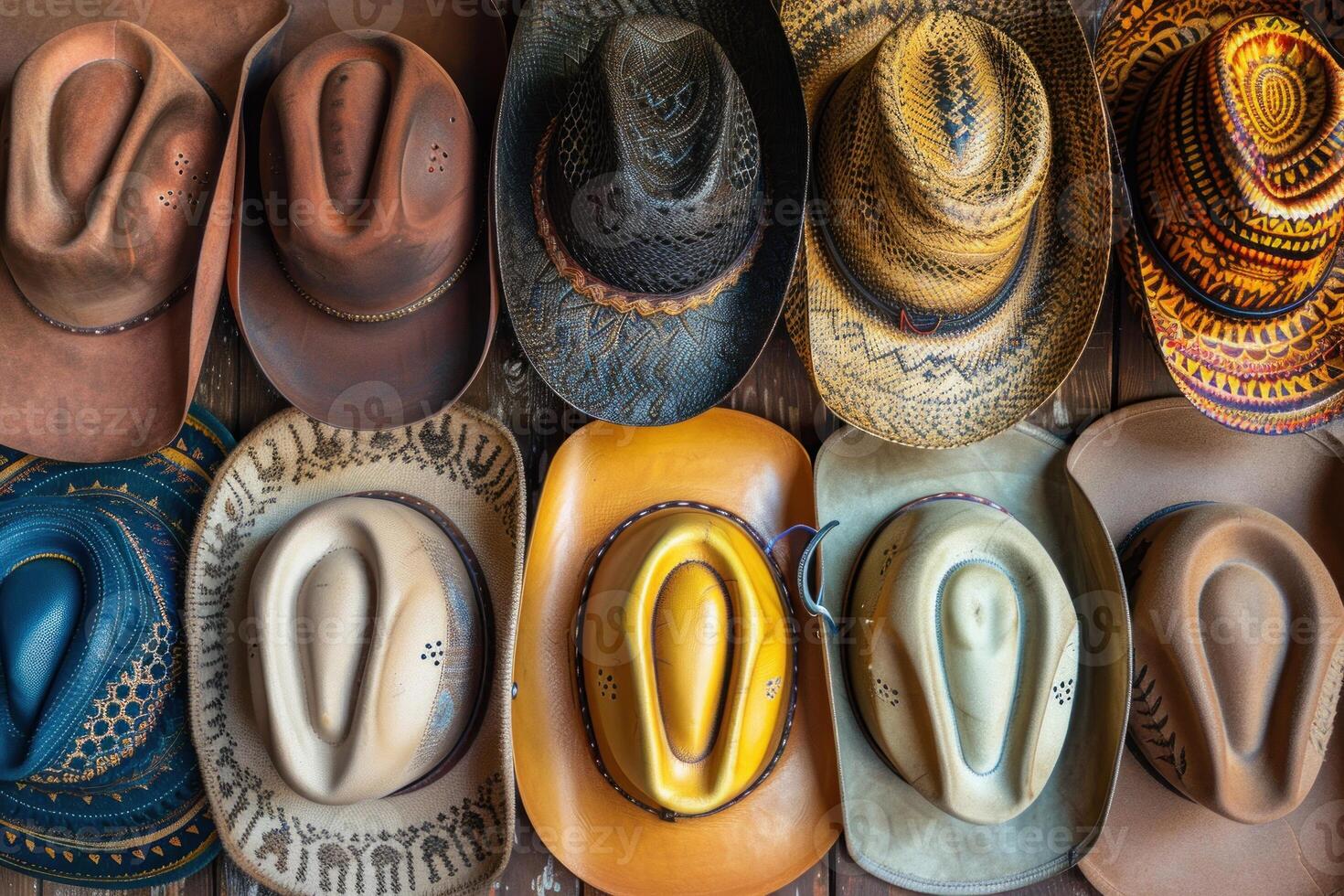 Many cowboy hats hanging on wooden wall displaying western fashion photo