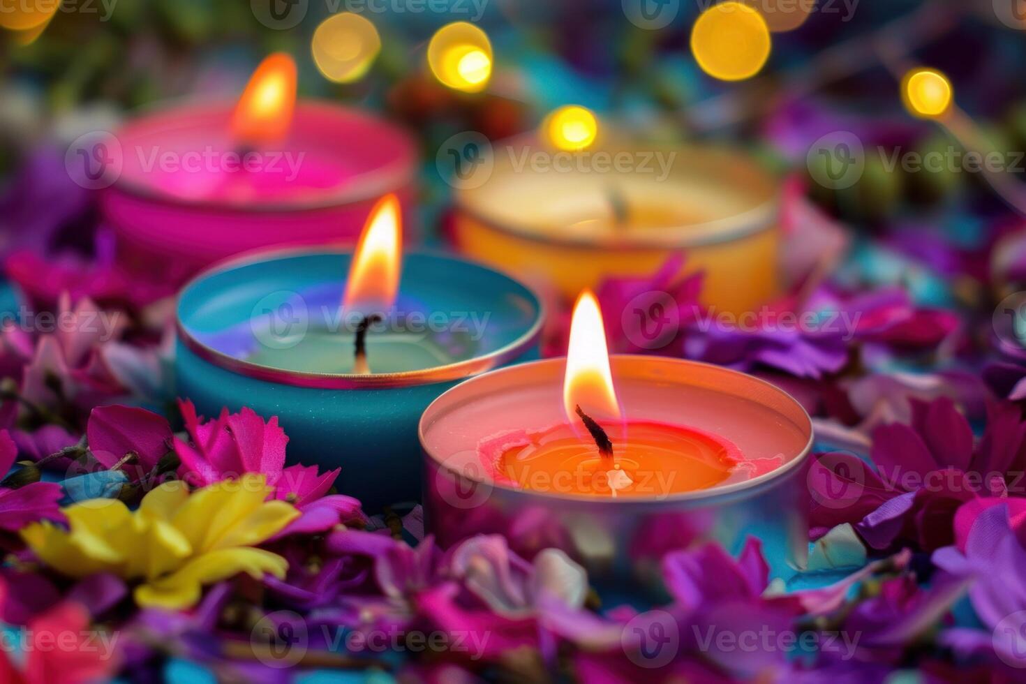 Burning candles creating romantic atmosphere with colorful flowers and bokeh lights photo