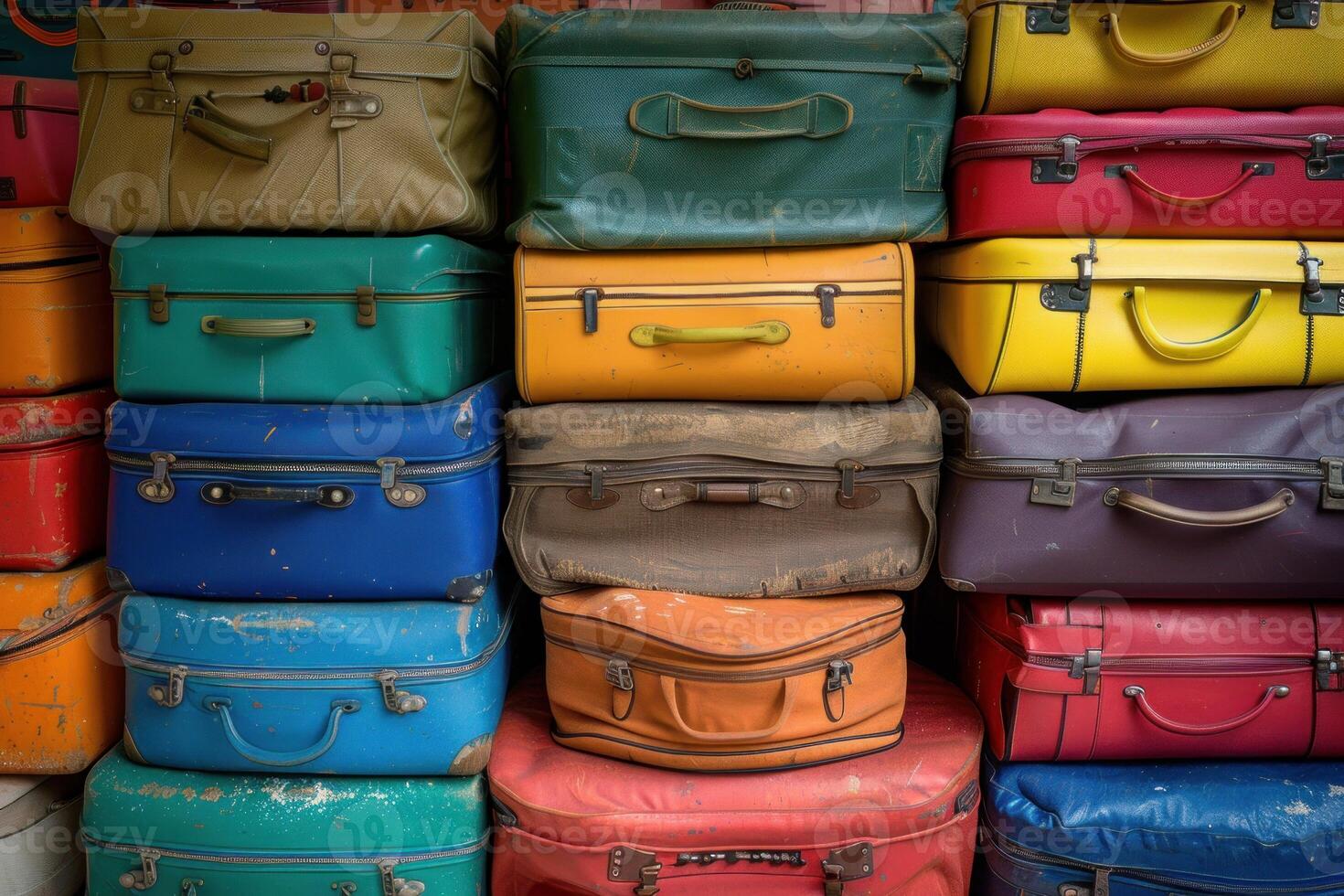 Stack of colorful vintage suitcases representing travel and adventure photo