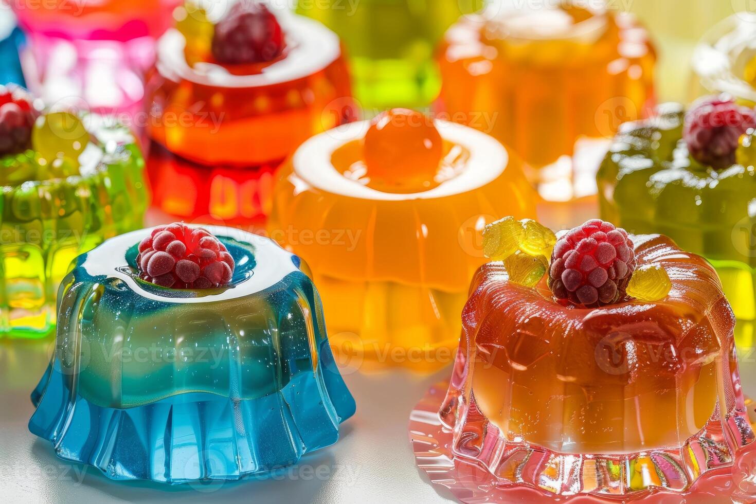 Colorful gelatin desserts garnished with raspberries and sugar sprinkles displayed on table photo