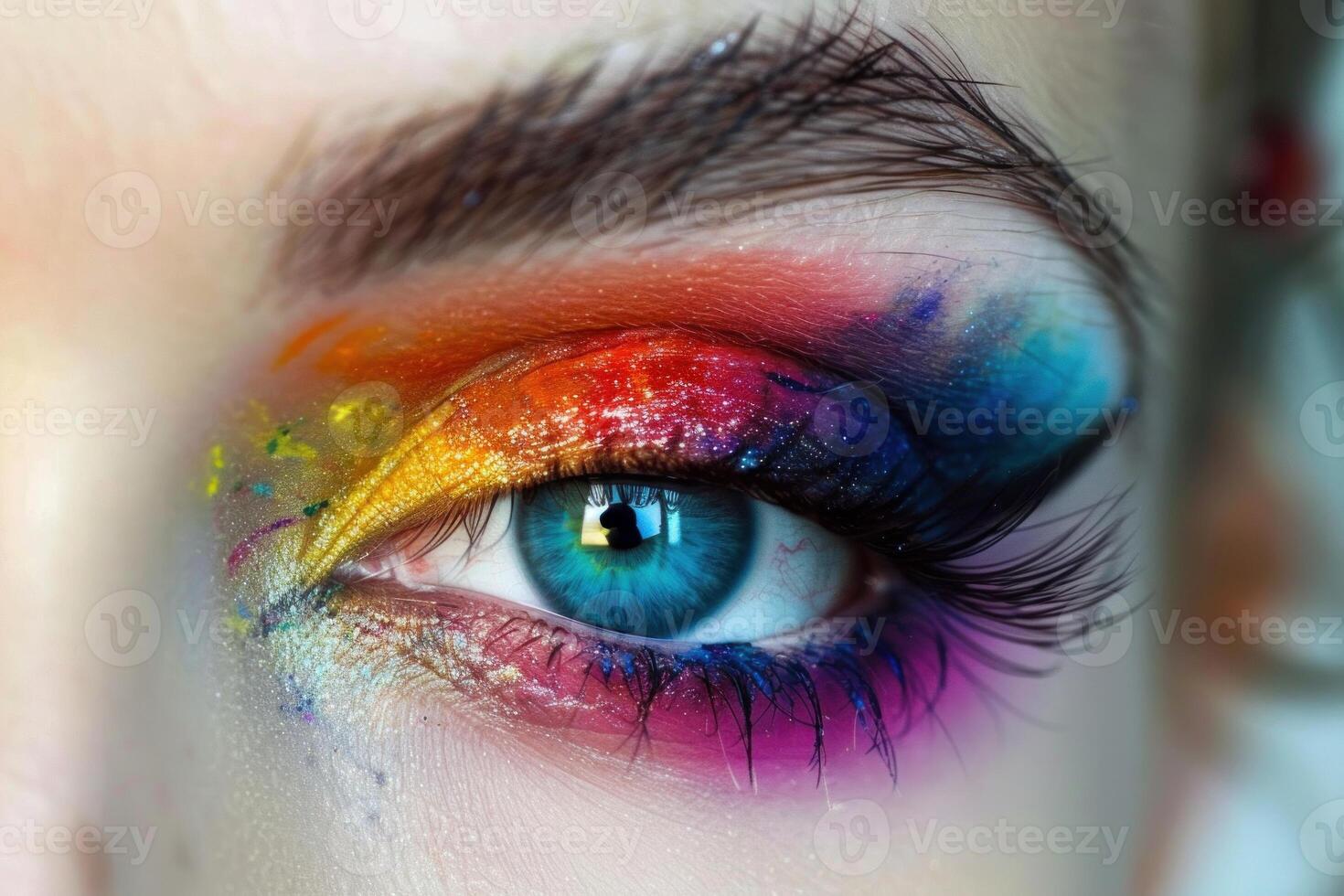 Woman eye with rainbow eyeshadow and long black lashes photo