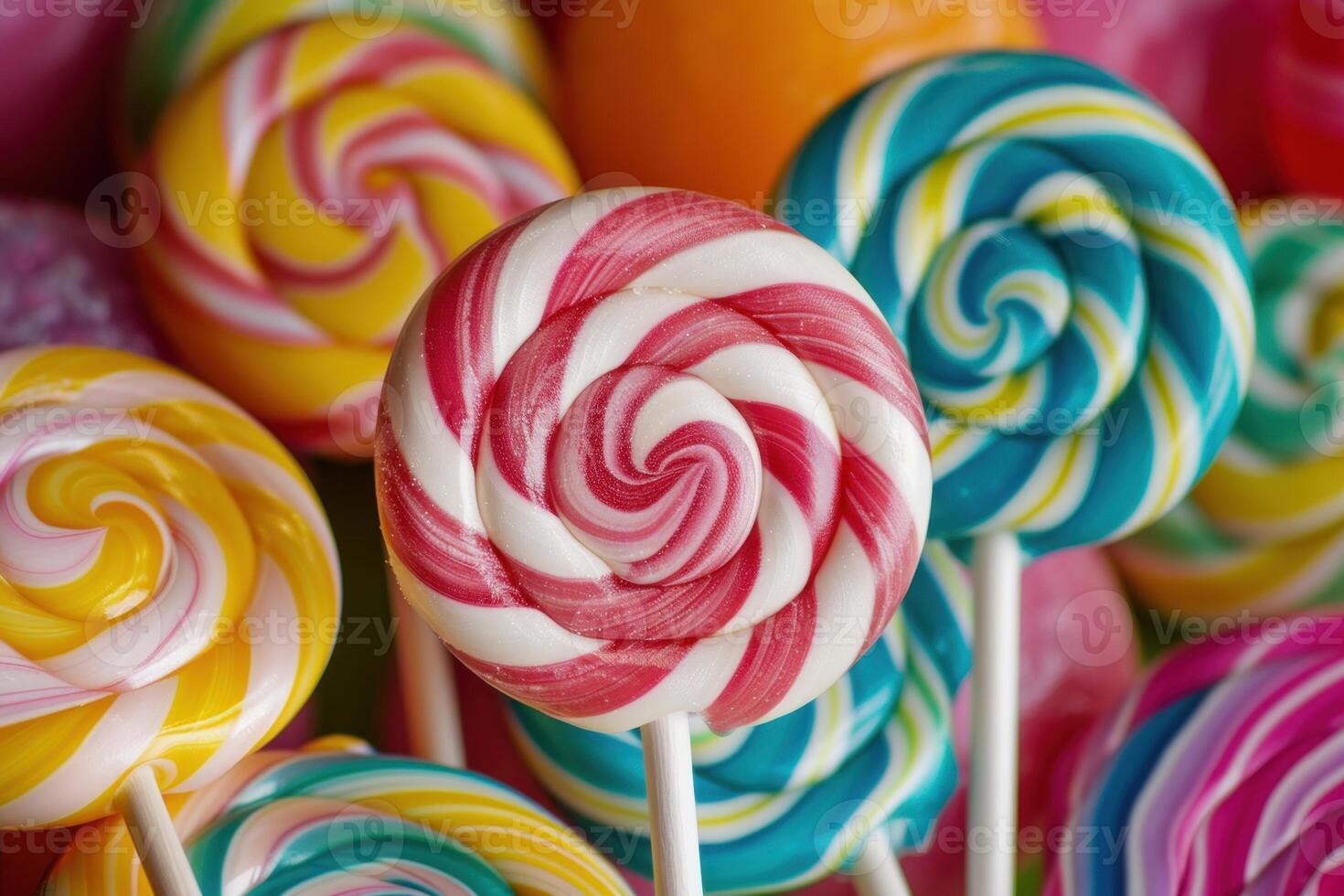 Colorful swirl lollipops making mouthwatering sugary background photo