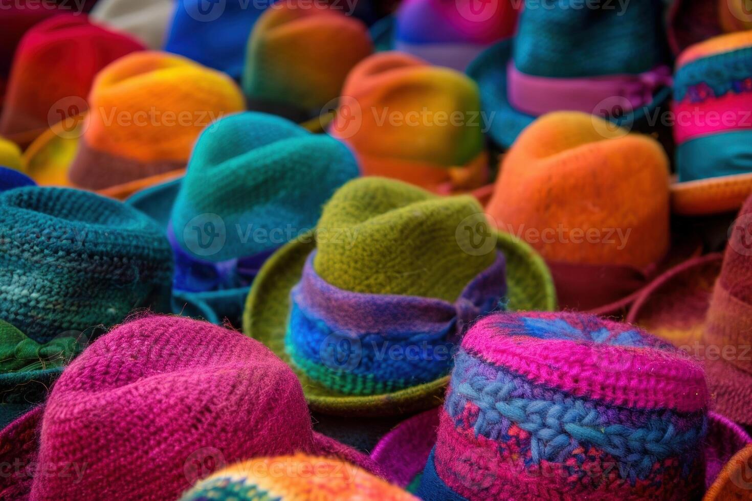 Colorful handmade wool hats for sale displayed on table at outdoor market photo