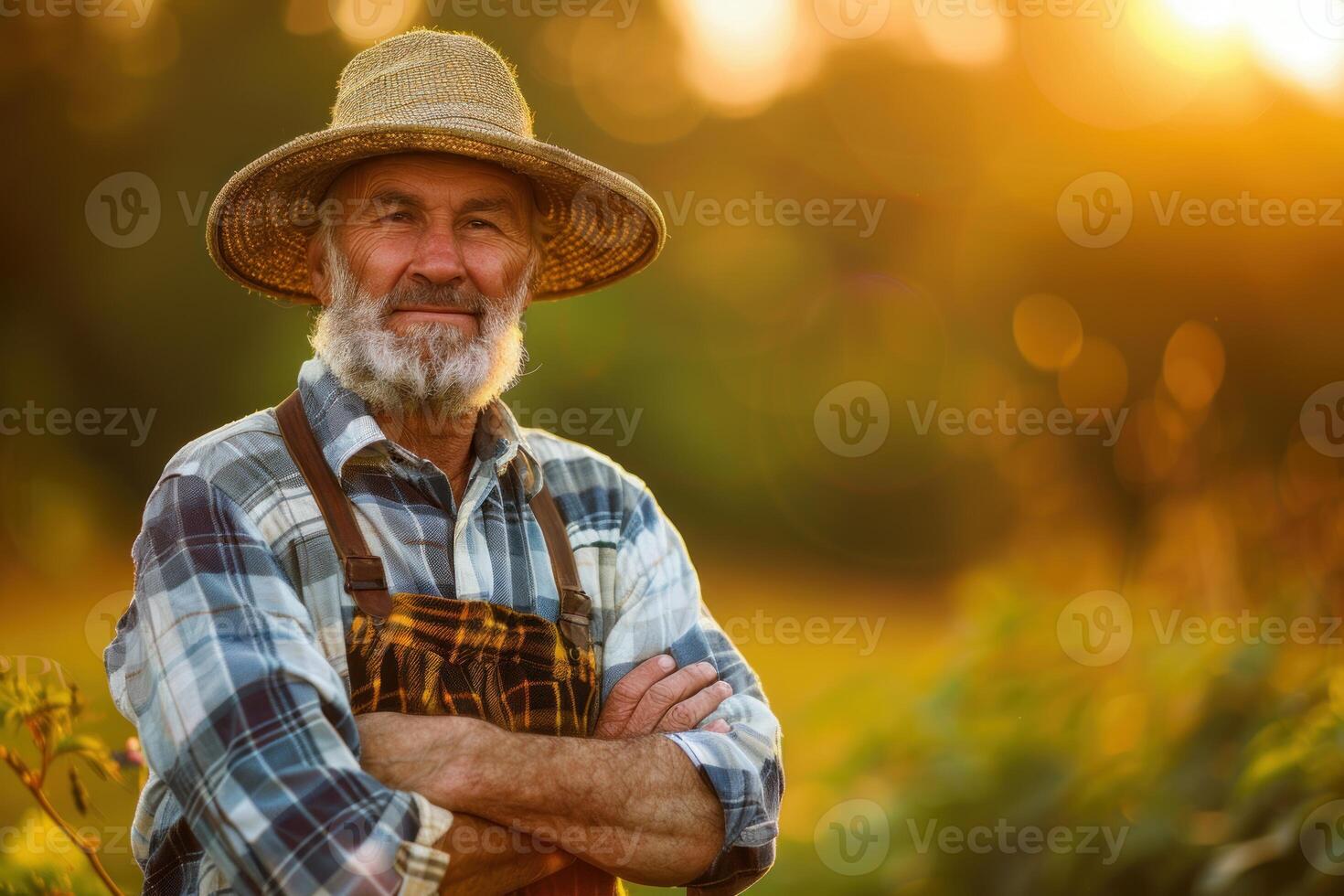 Portrait of a senior farmer standing in his field at sunset photo