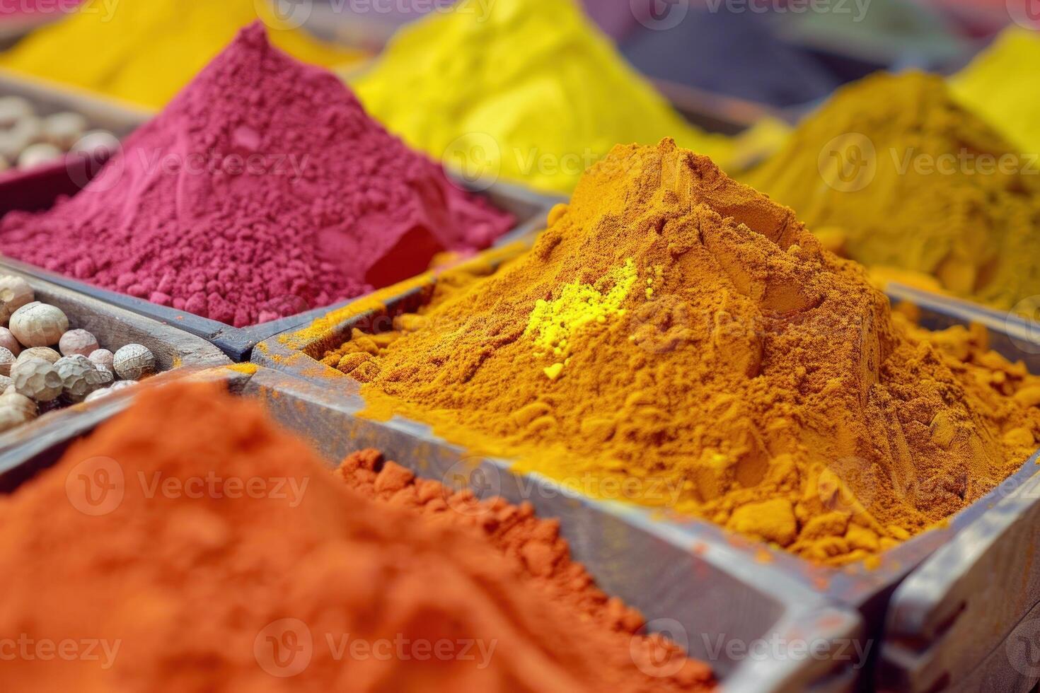 Colorful spices are displayed on a market stall photo