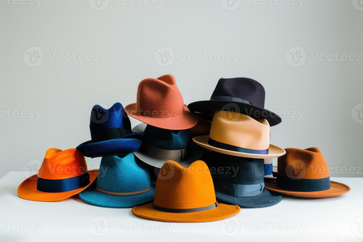 Ten colorful fedoras lying on a white surface representing different personalities photo