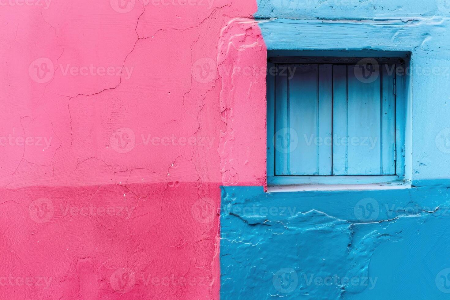 Old blue window standing out of a pink and blue wall photo