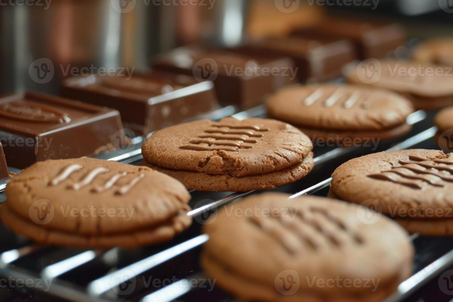 Chocolate sandwich cookies cooling on a rack with chocolate bars in the background photo