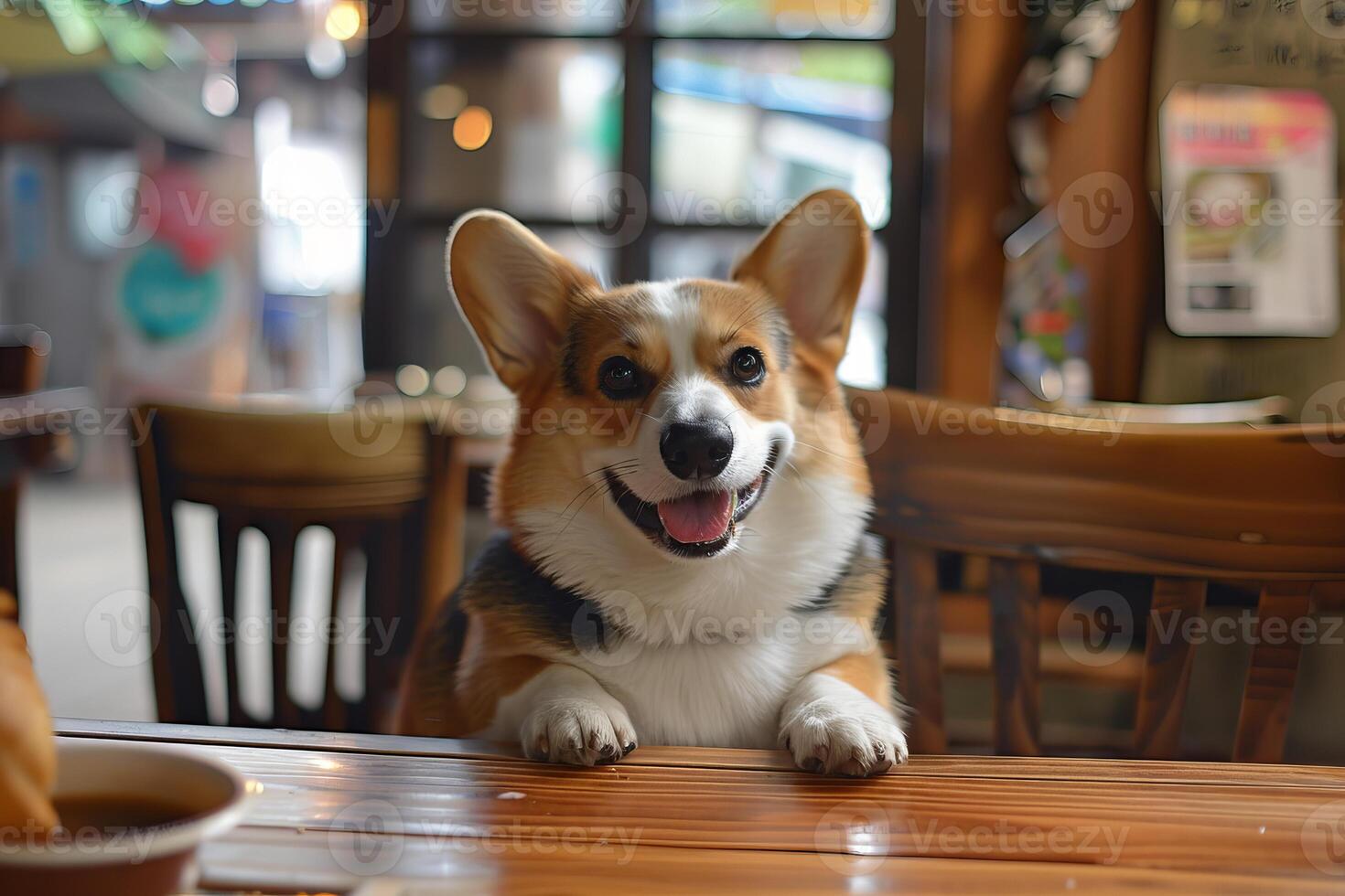 Cute corgi dog waiting for food in restaurant photo