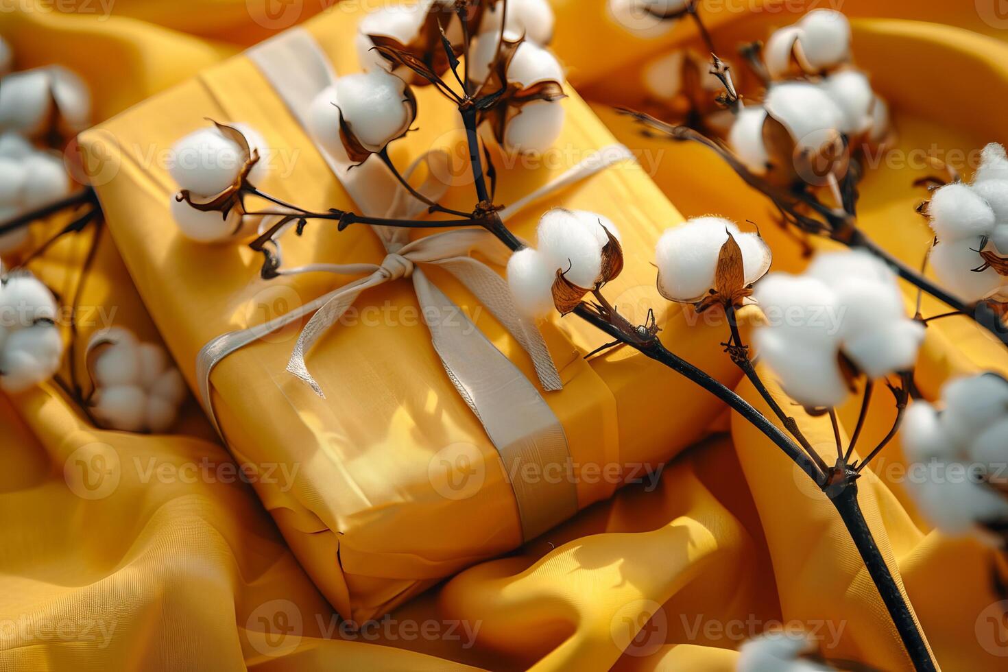 Gift box wrapped in yellow paper lying on yellow fabric with cotton plant branches photo