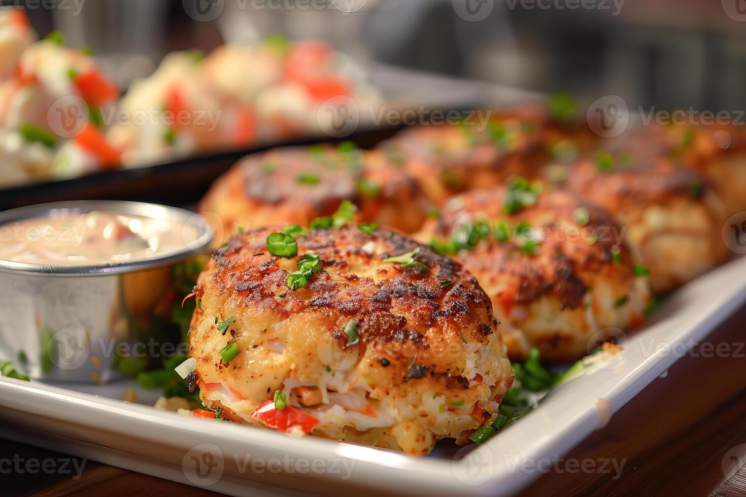Freshly made crab cakes appetizers with cocktail sauce and garnish photo