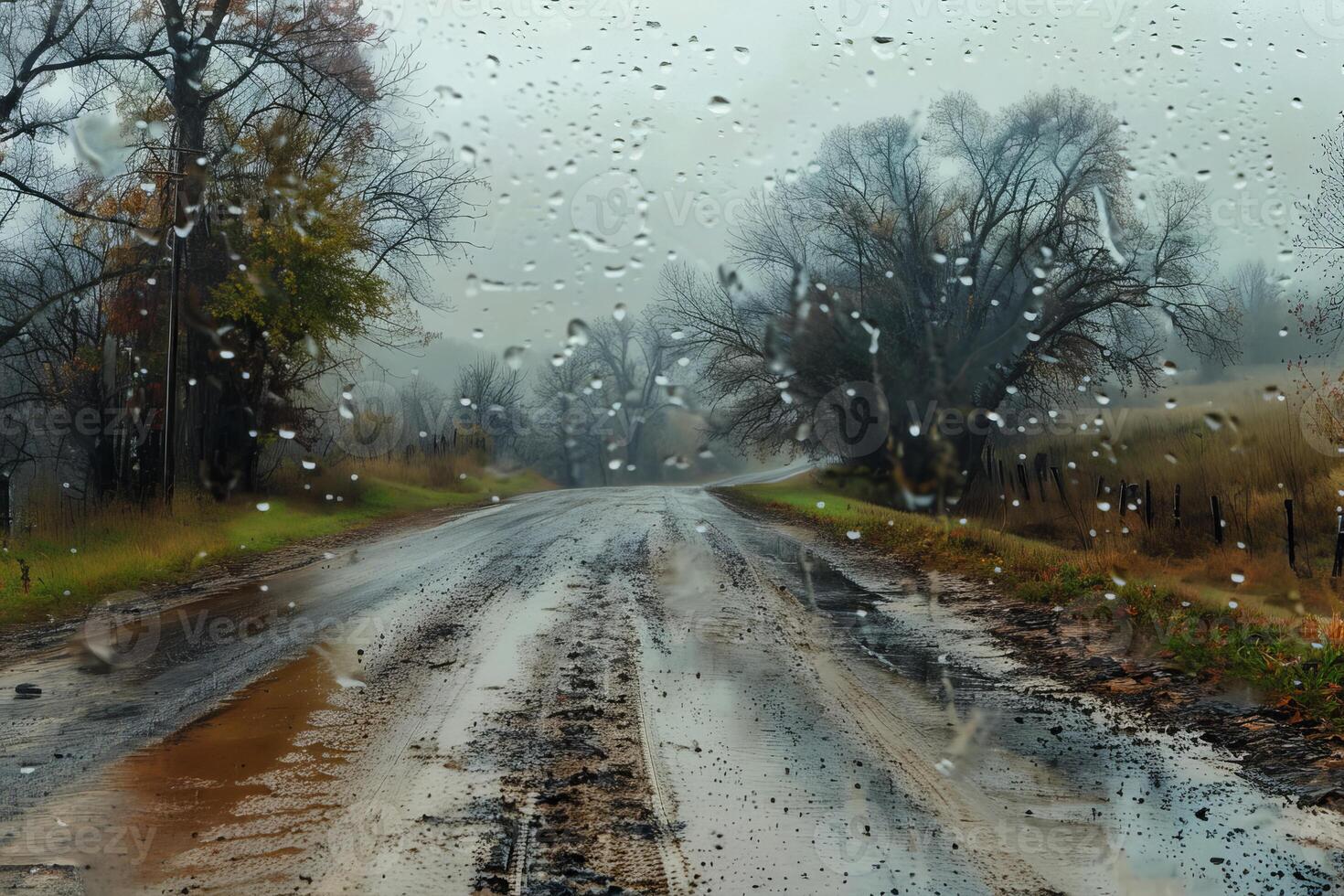Rain falling on windshield, showing muddy country road in autumn photo