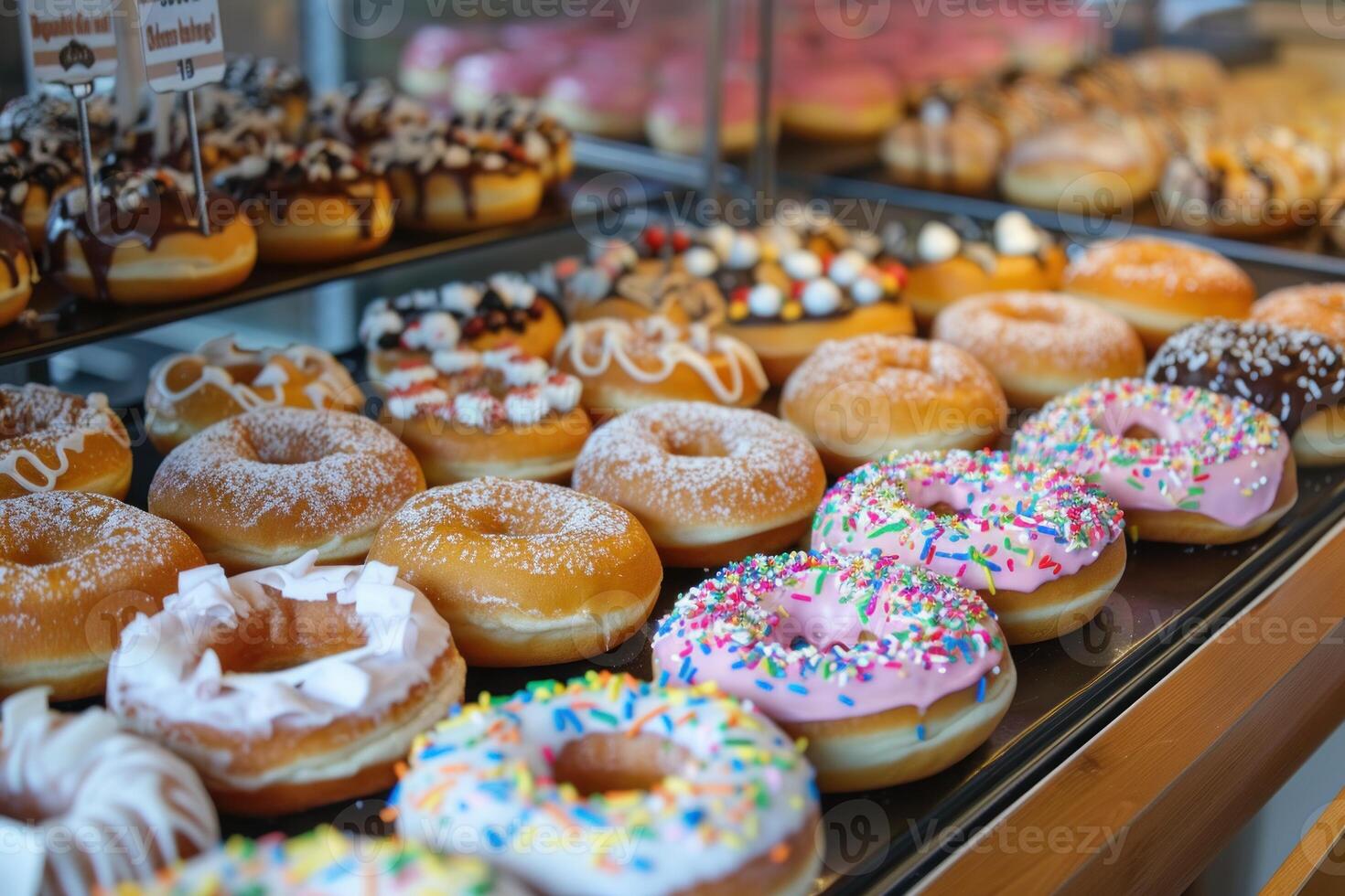 Assorted fresh donuts on display at bakery photo