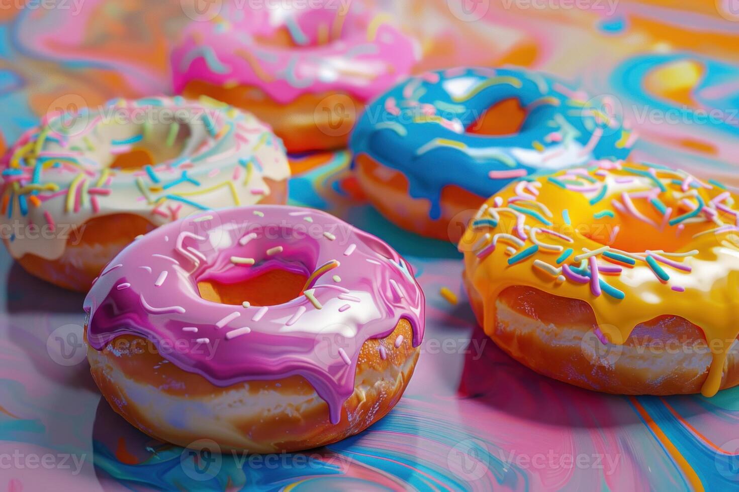 Colorful donuts on artistic swirled background photo