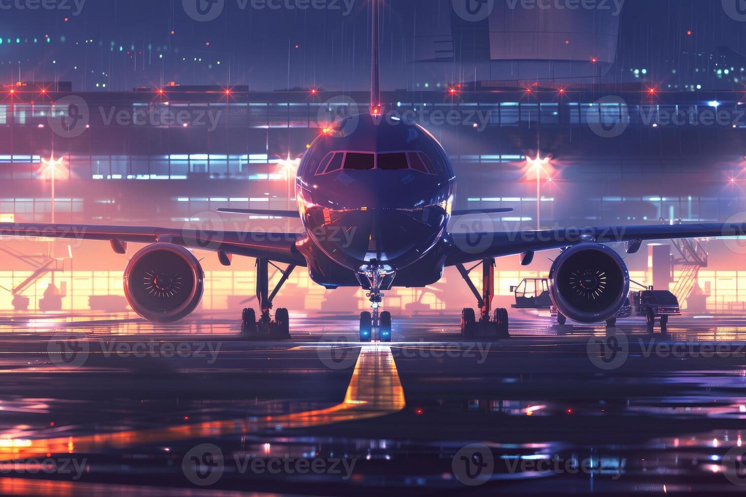 Airplane parked at gate in airport at night getting ready for takeoff photo