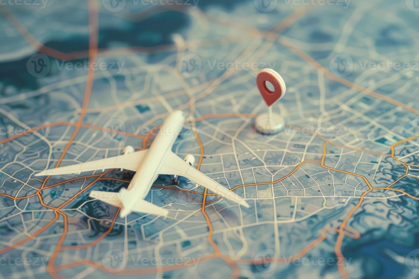 Miniature airplane on a city map showing the destination point with a red pin photo