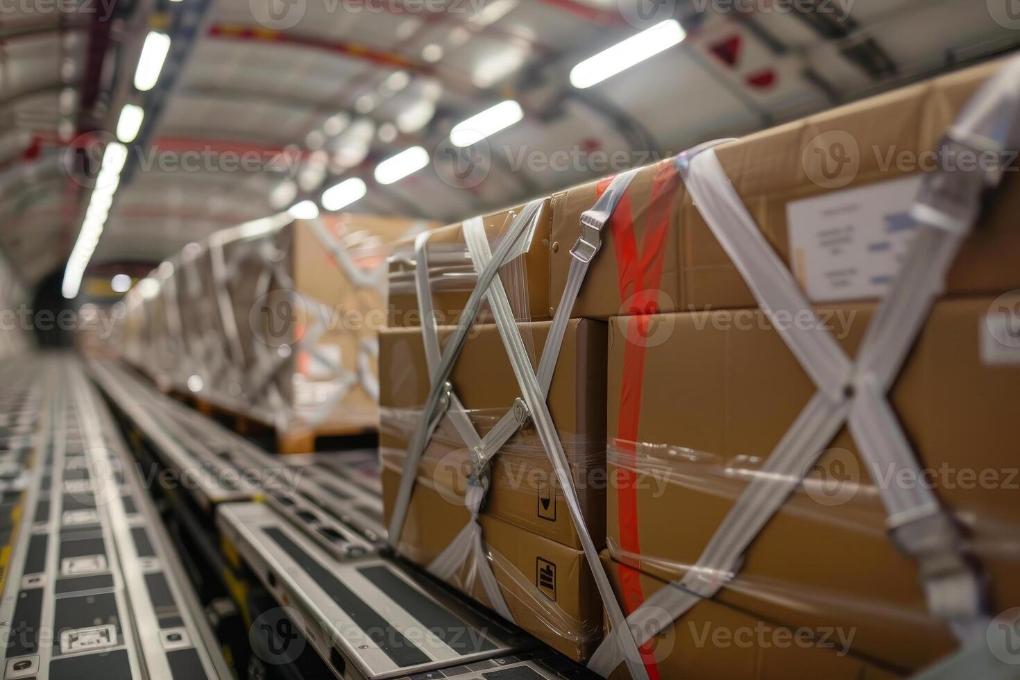 Cargo plane being loaded with cardboard boxes secured with straps photo