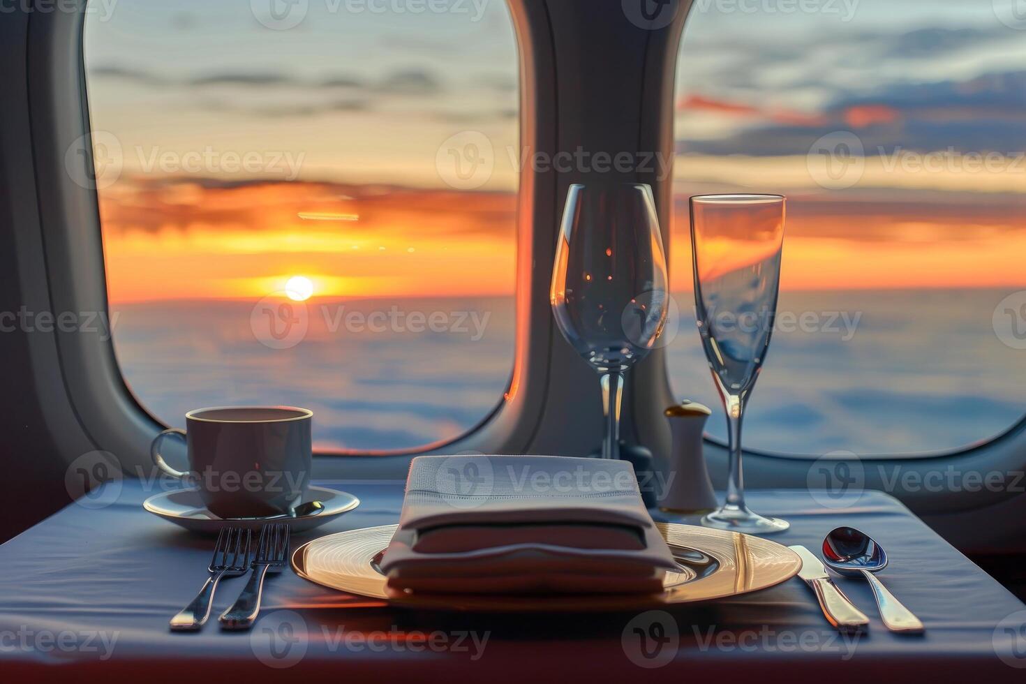 Airplane passenger having dinner while enjoying sunset over clouds photo