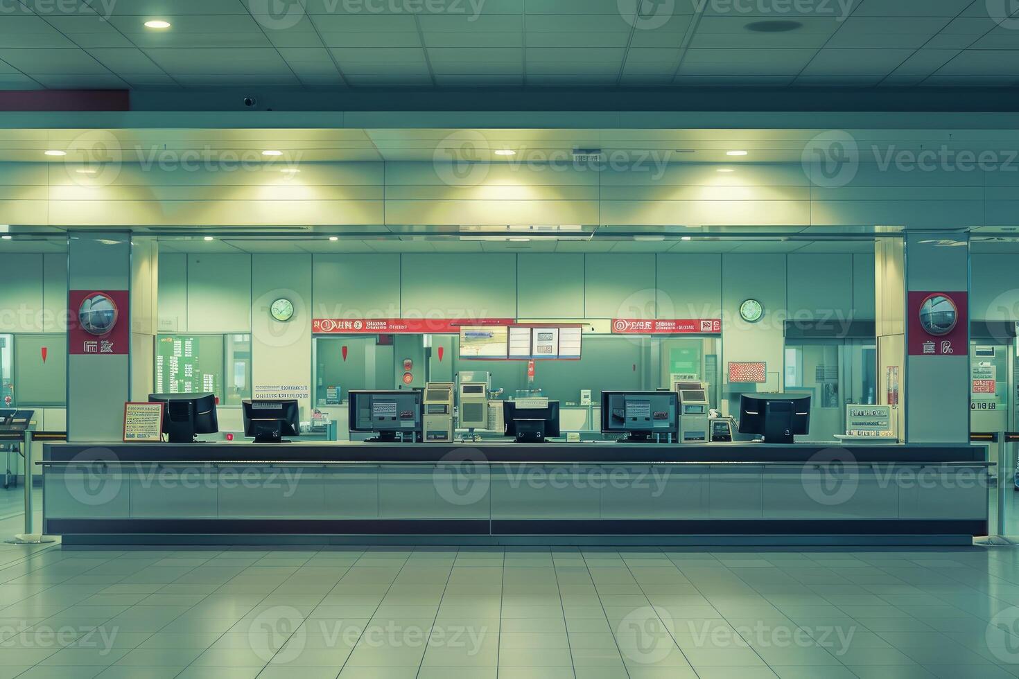 Empty check in desks waiting for passengers at airport terminal photo