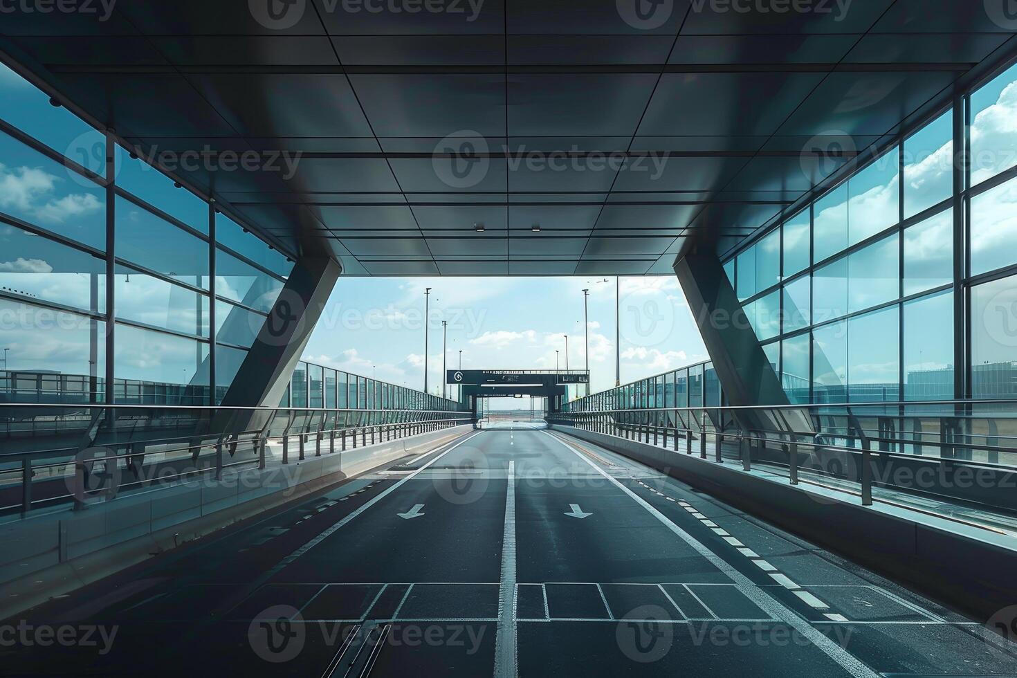 Empty road passing through modern glass tunnel at airport photo