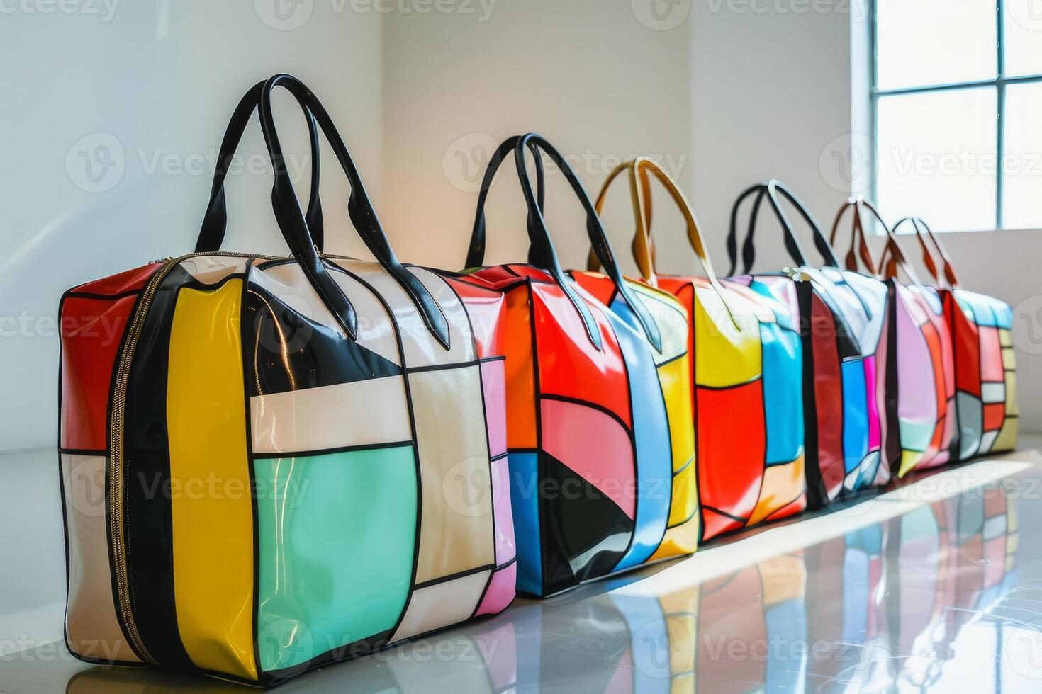 Row of colorful designer handbags with geometric pattern standing on the floor photo