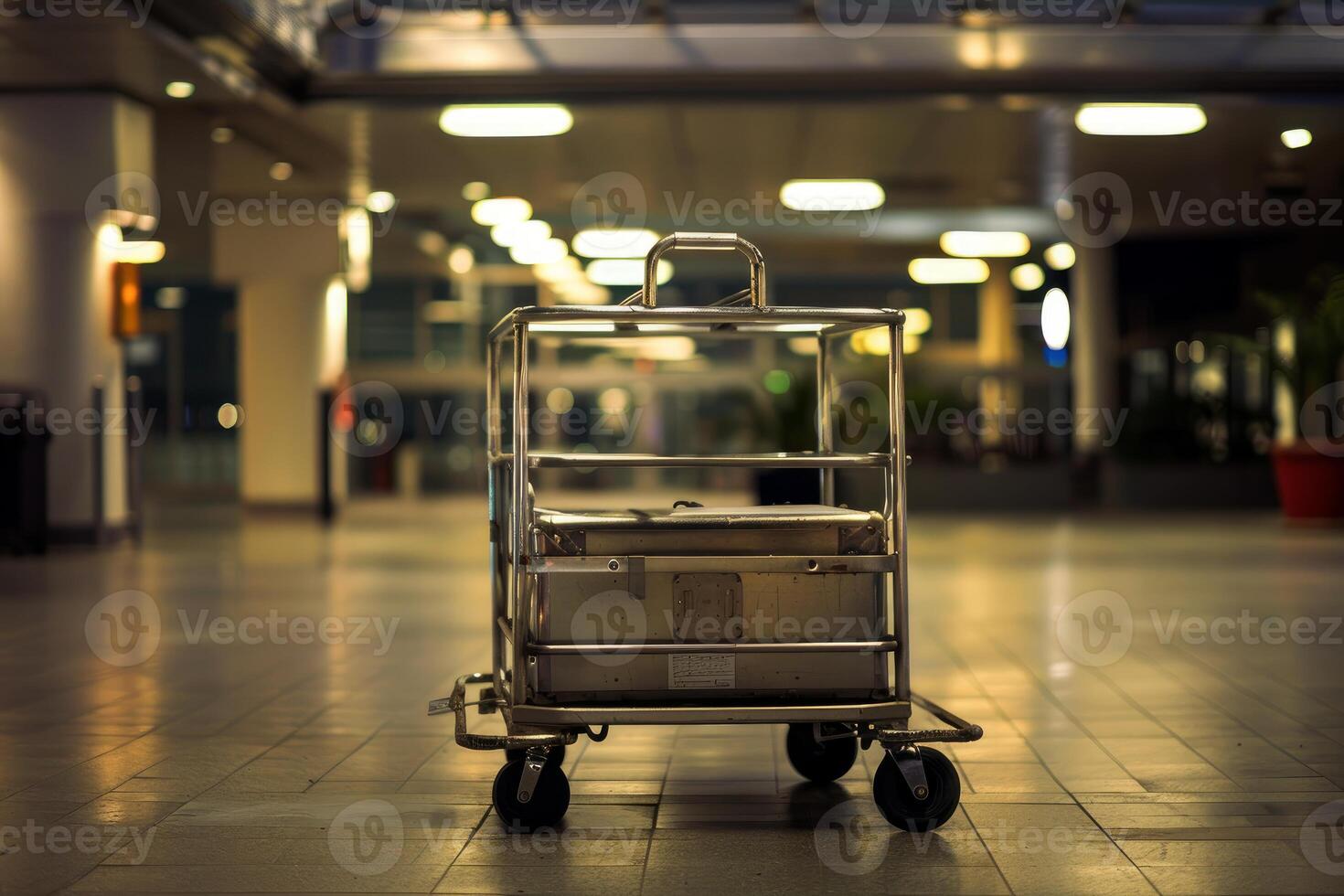 Empty luggage cart sitting in airport terminal at night photo