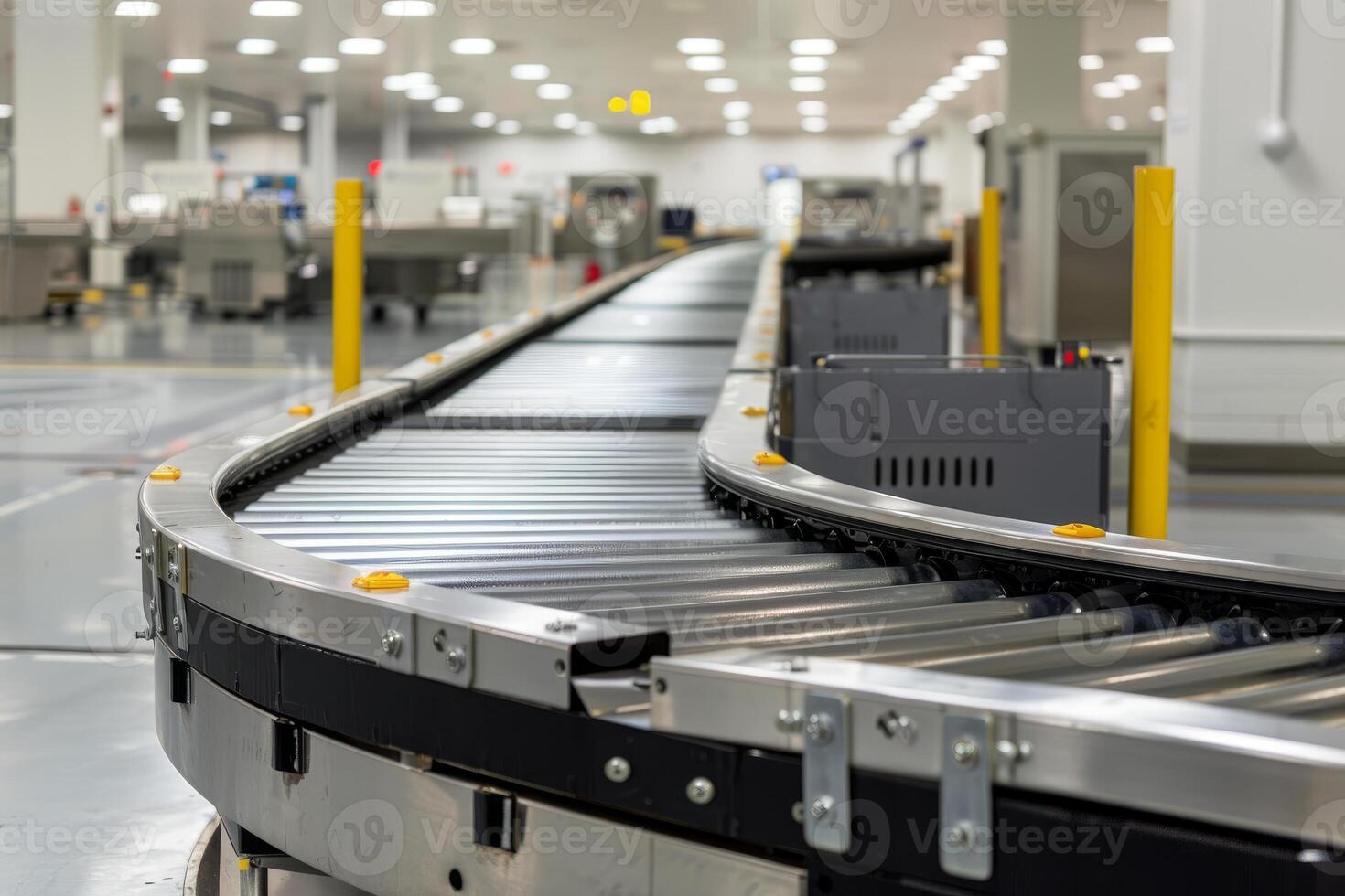 Empty conveyor belt making a turn in a modern factory photo