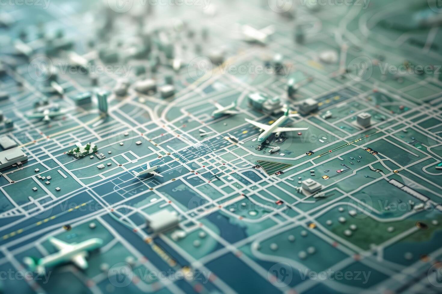 Miniature airplanes taking off and landing at airport on city map photo