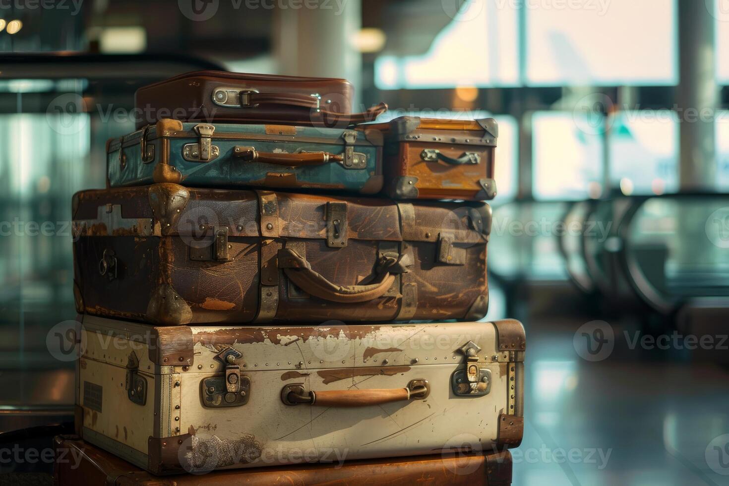 Stack of vintage suitcases waiting at the airport photo