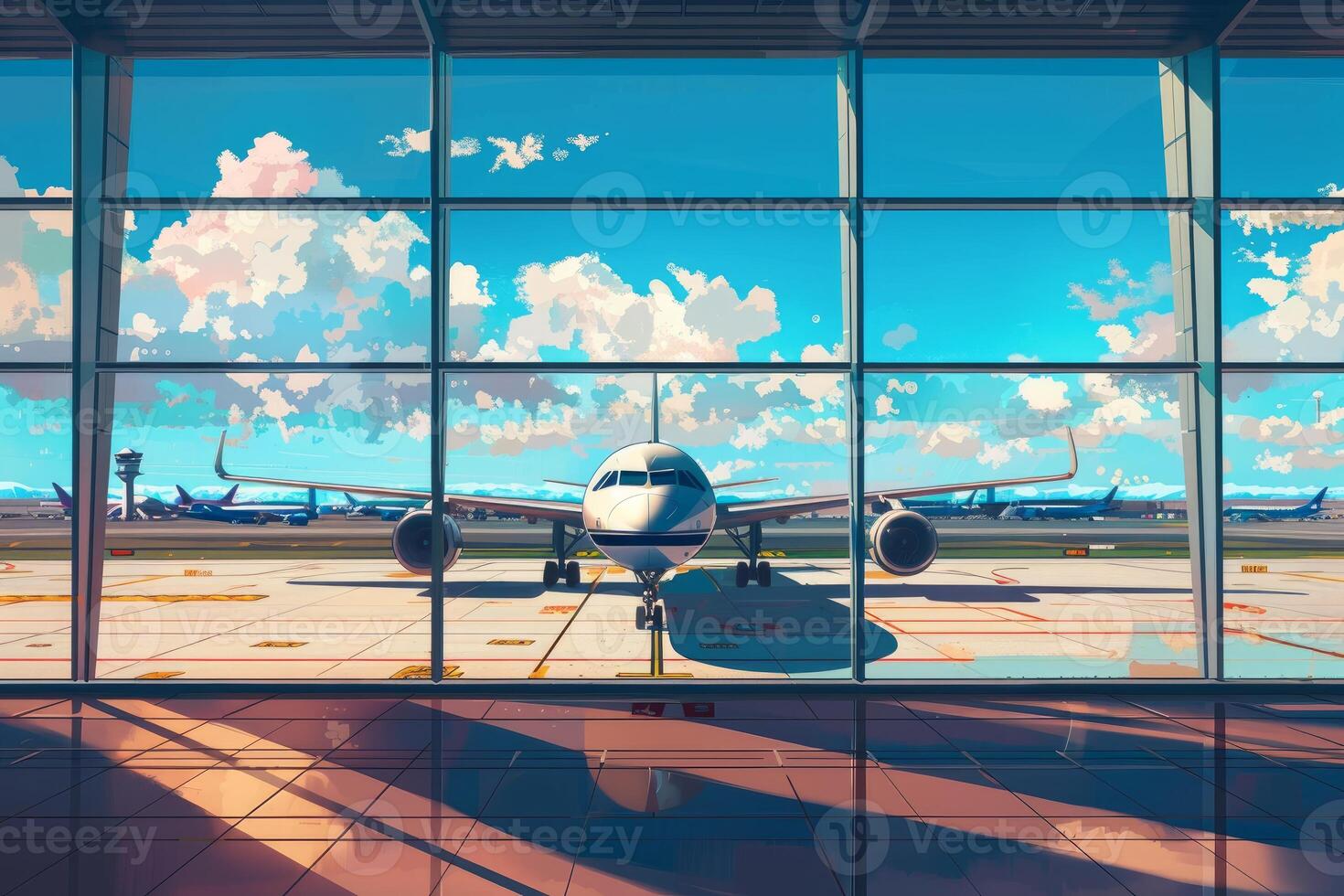 Airplane waiting at the gate on sunny day at airport terminal photo