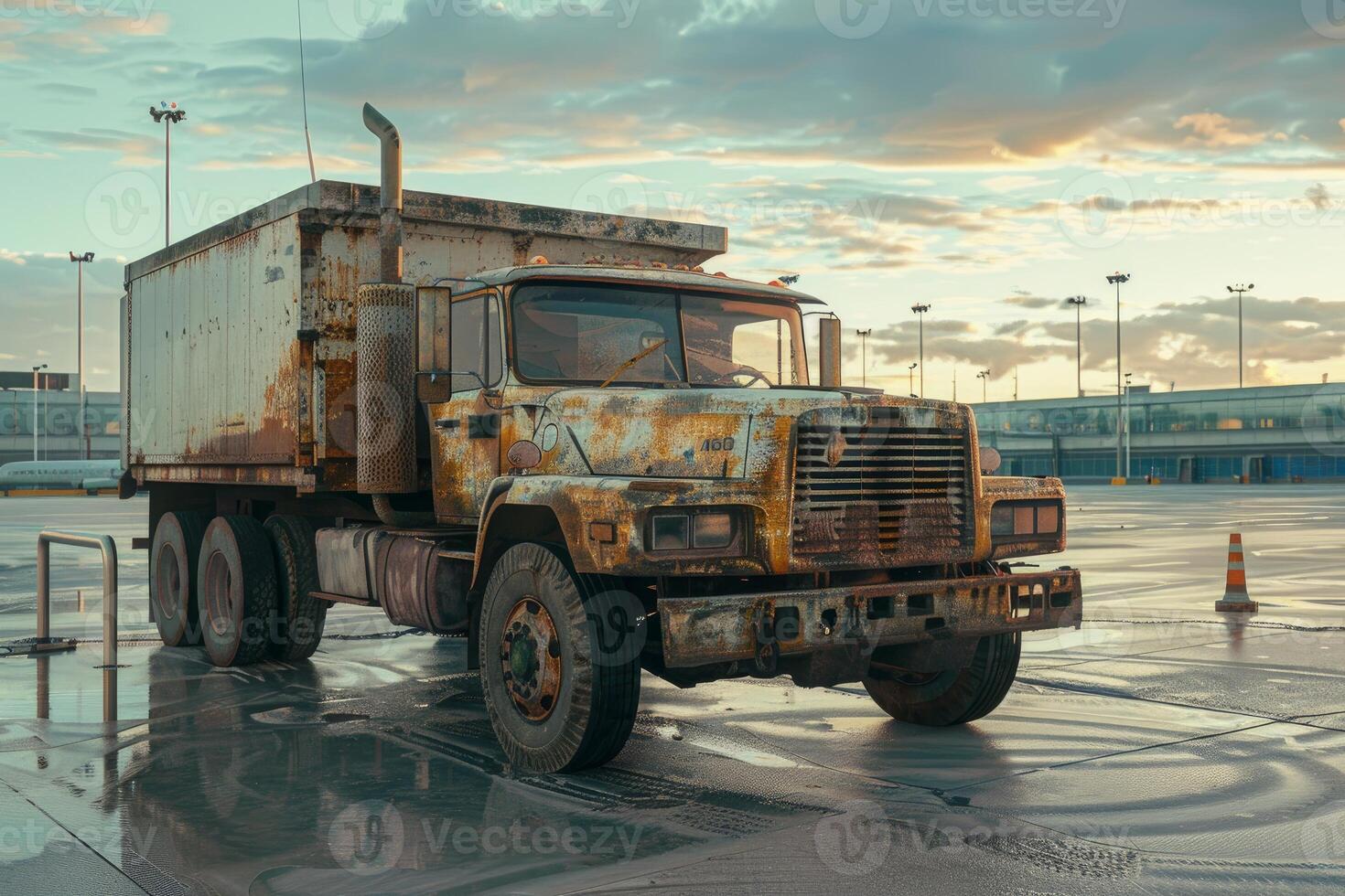 Old rusty abandoned dump truck parked outside at sunset photo