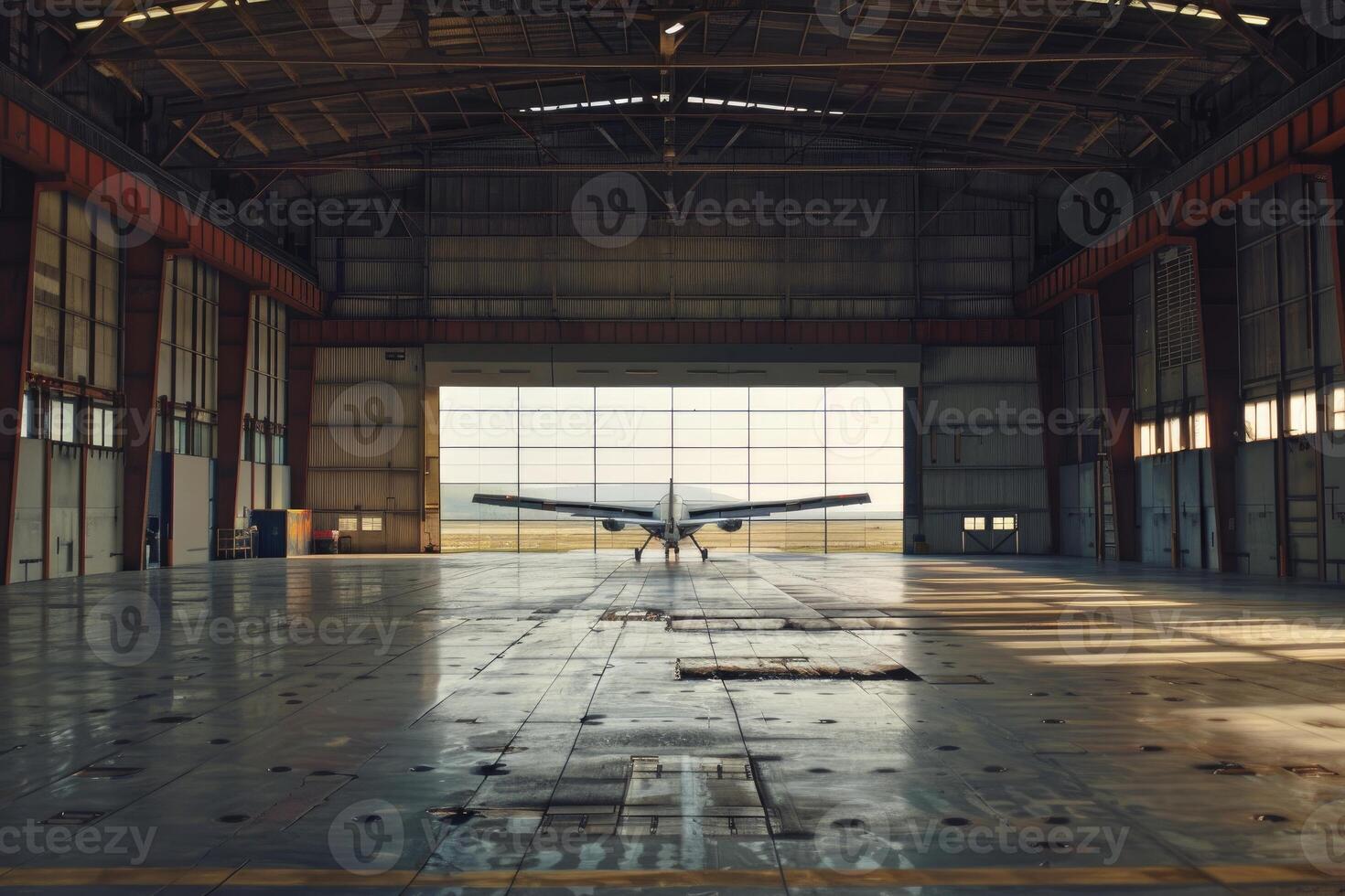 Small airplane standing inside spacious empty hangar photo