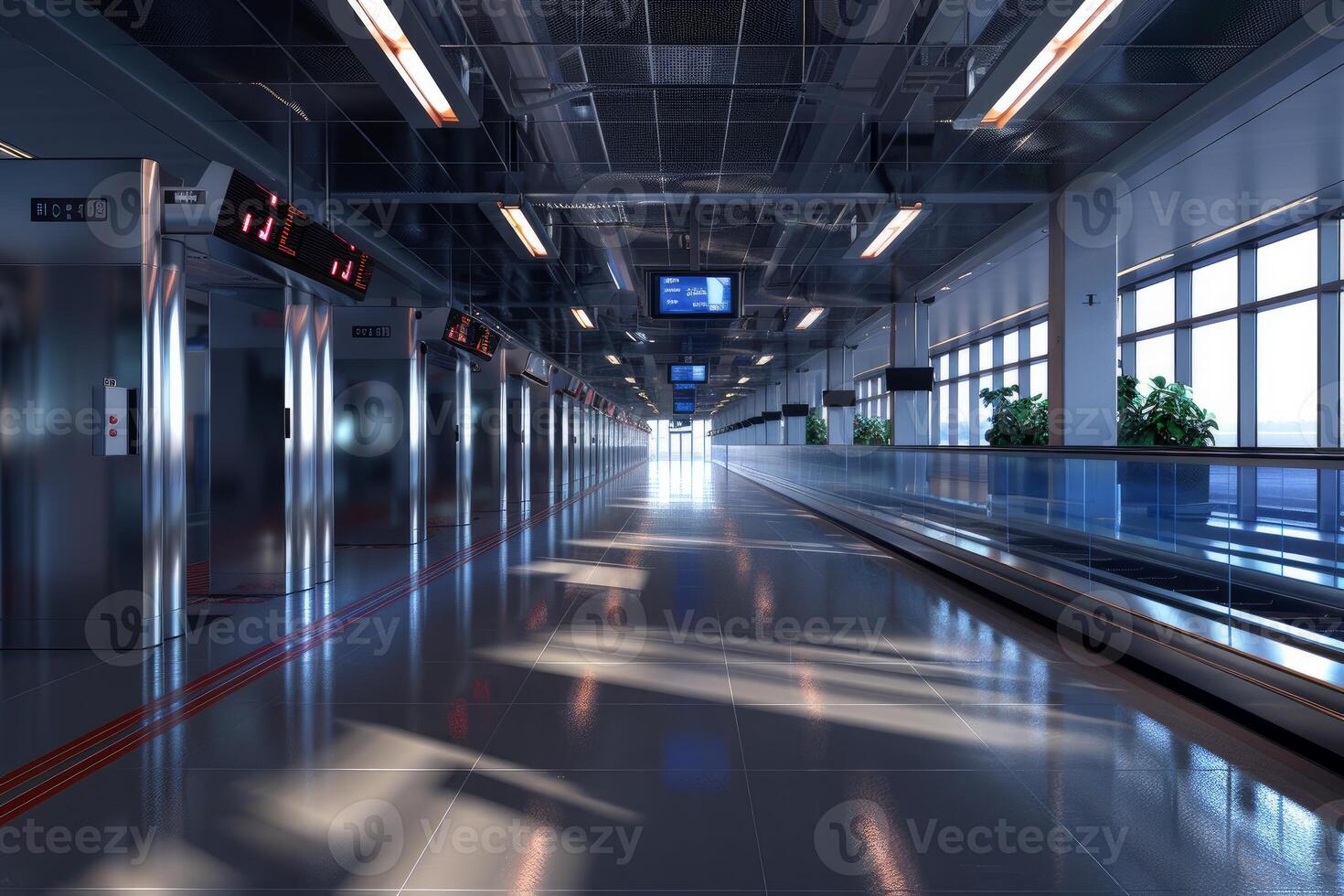 Modern airport terminal with moving walkway and elevators photo