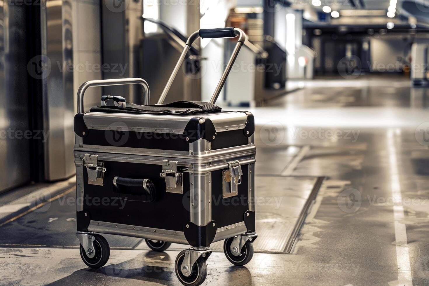 Black metal suitcase with wheels standing in the hall photo