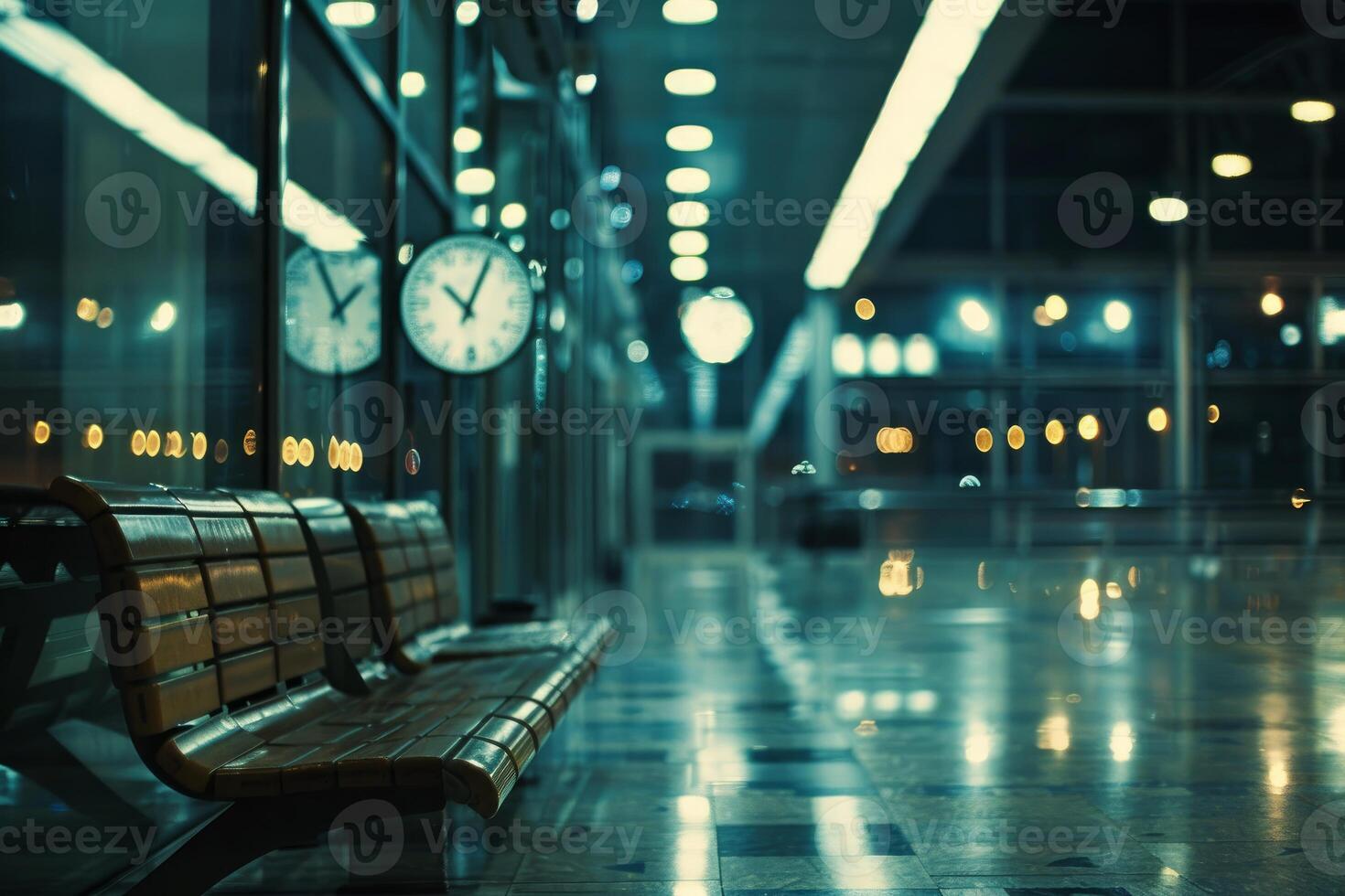 Empty benches are waiting in deserted train station at night photo