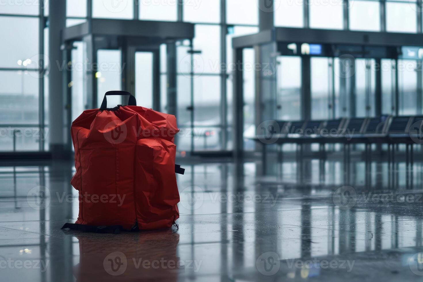 Red backpack standing alone in empty airport terminal photo